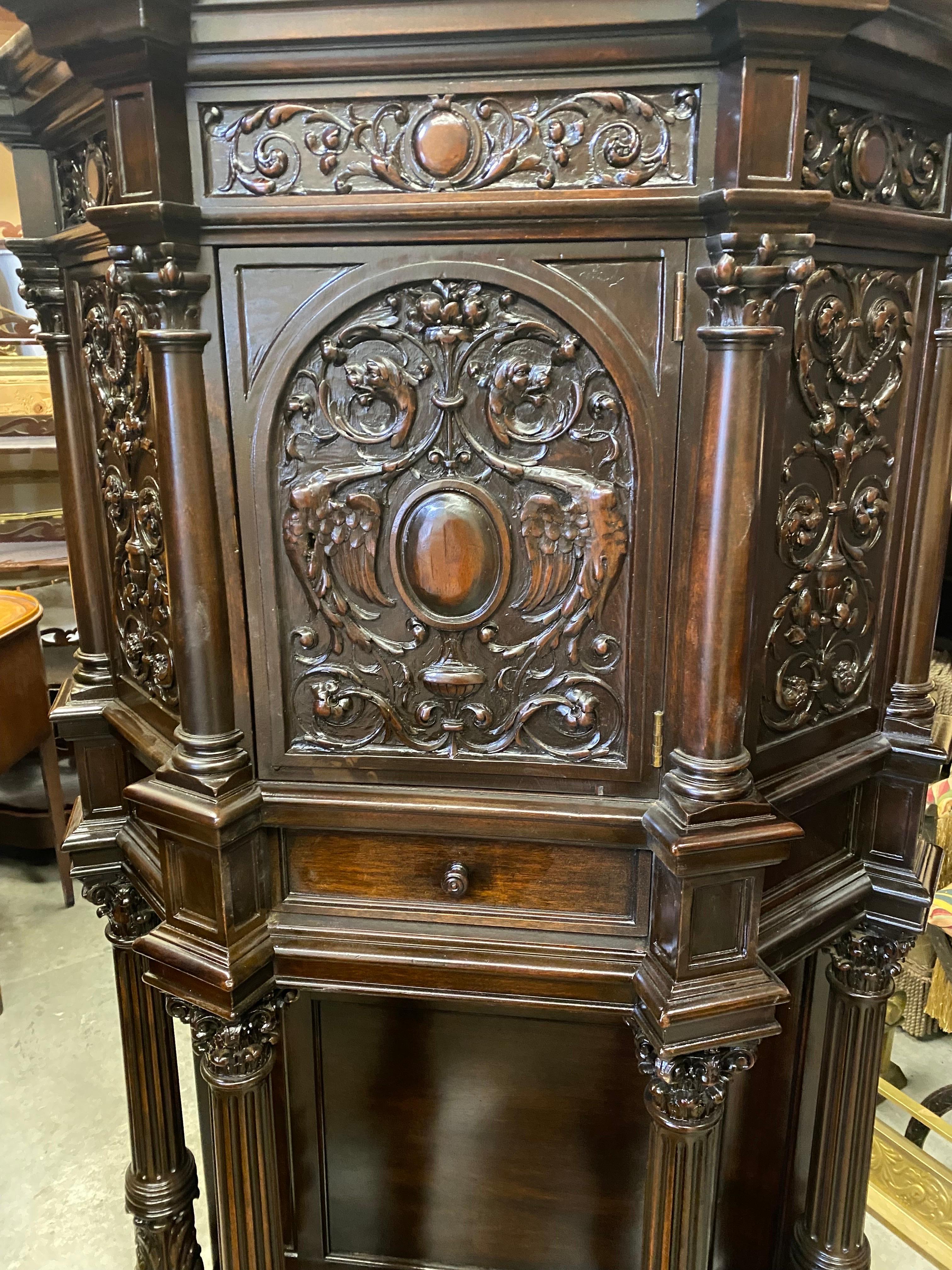Hand-Carved Rich Dark Walnut Hand Carved Antique English Court Cupboard For Sale