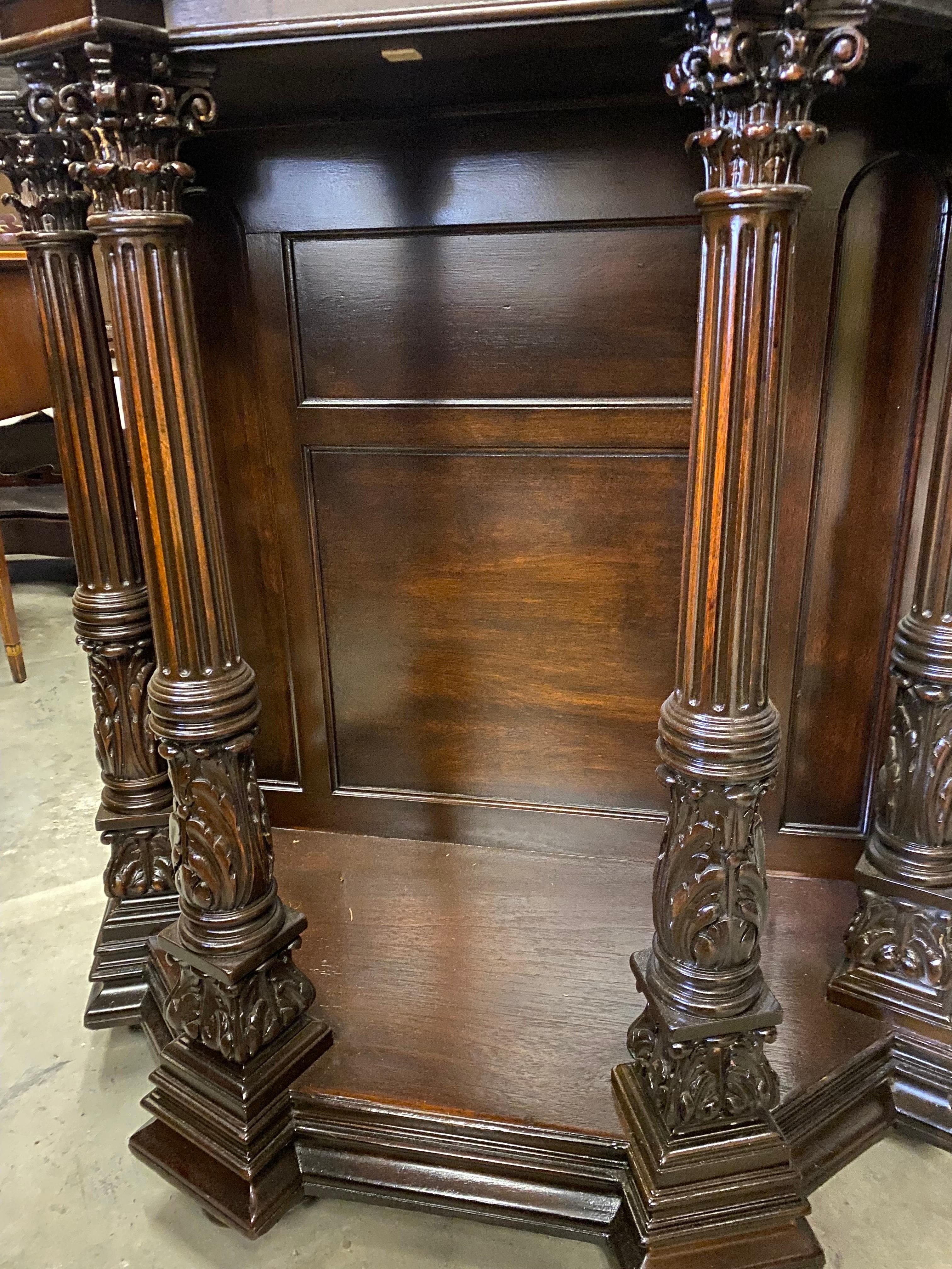 Rich Dark Walnut Hand Carved Antique English Court Cupboard In Excellent Condition For Sale In Lambertville, NJ