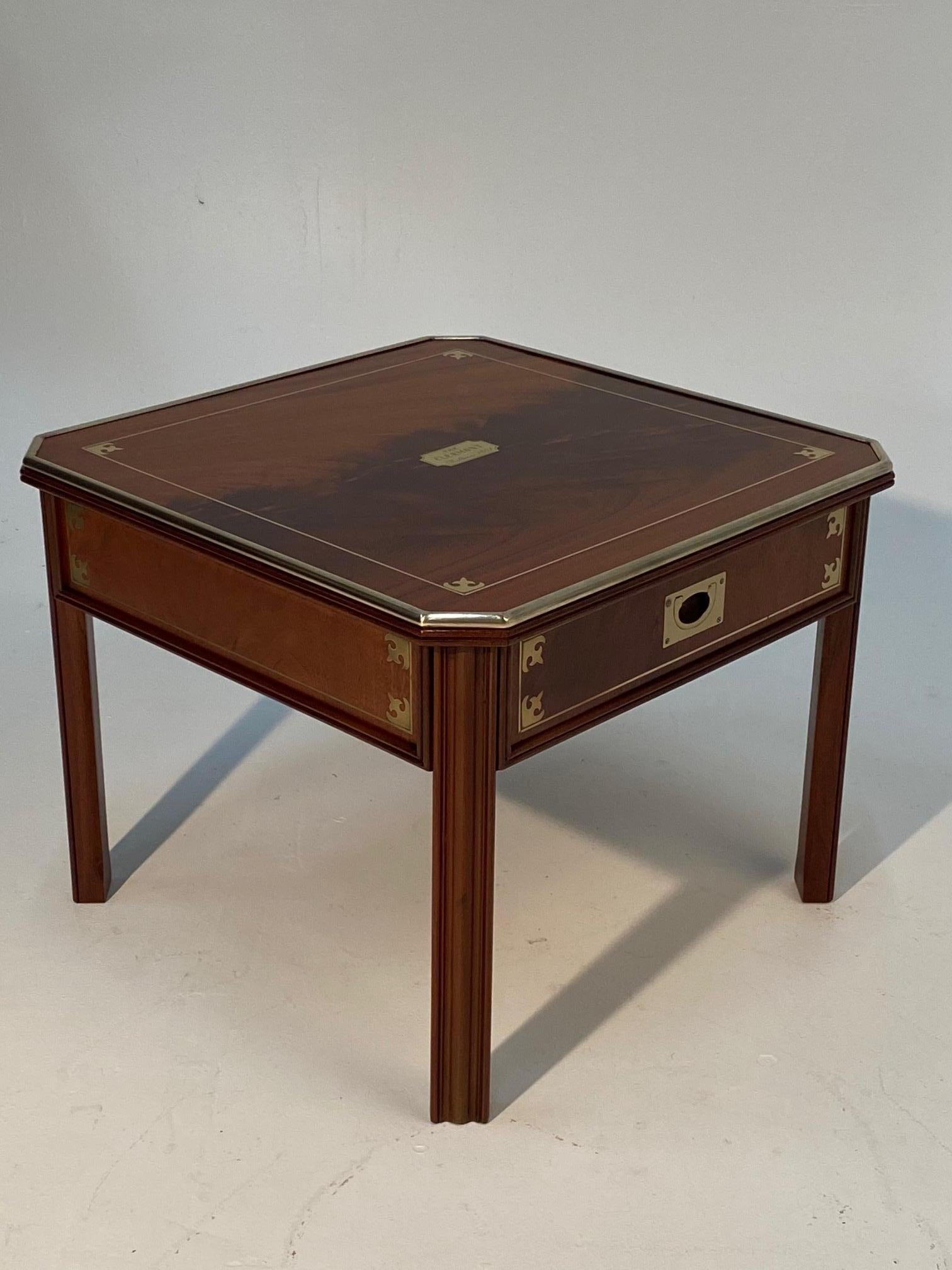 Late 20th Century Rich English Mahogany and Brass Campaign Style End Table