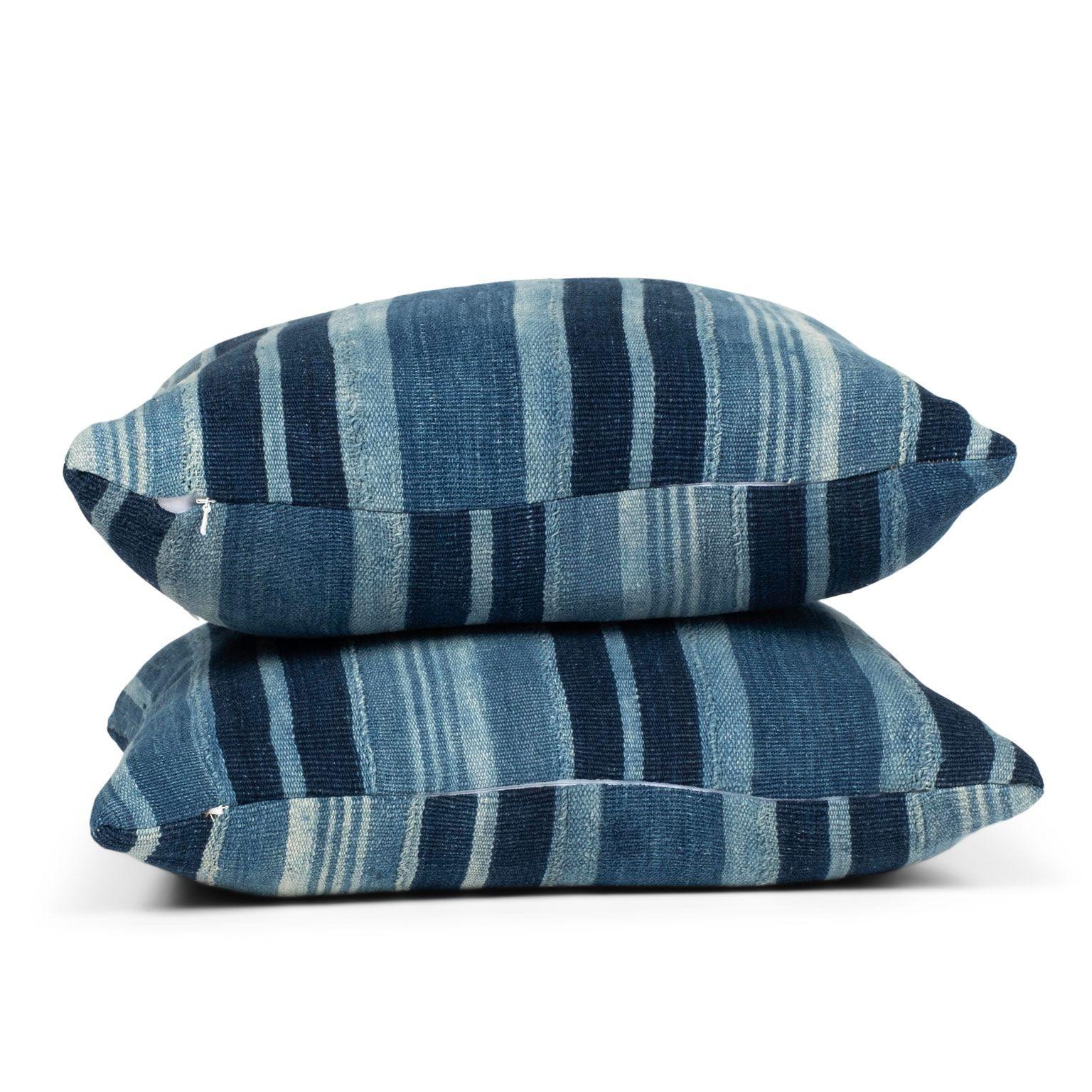 African Rich Faded Indigo Stripe Cushion For Sale