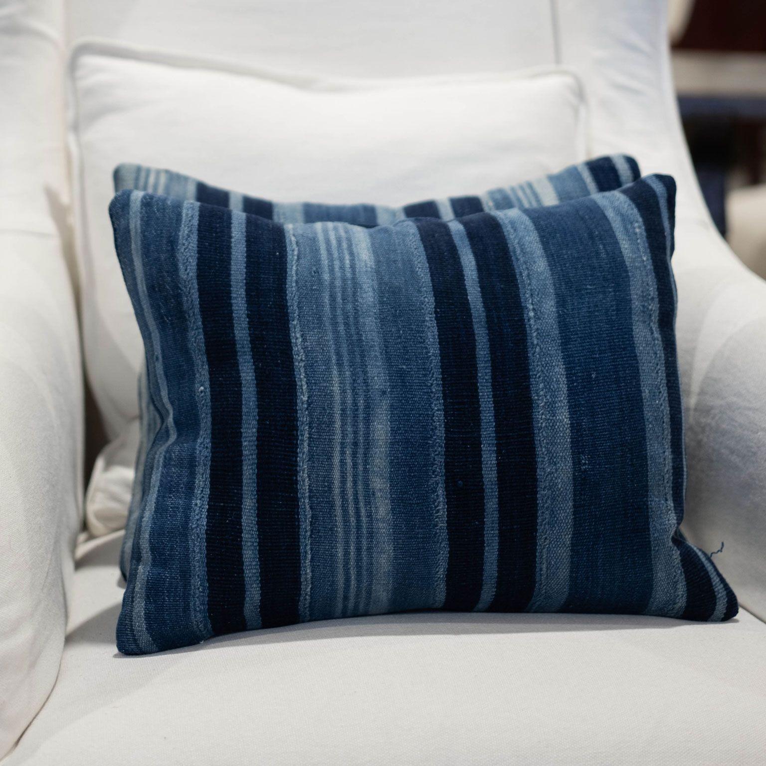 Rich Faded Indigo Stripe Cushion In Good Condition For Sale In Houston, TX