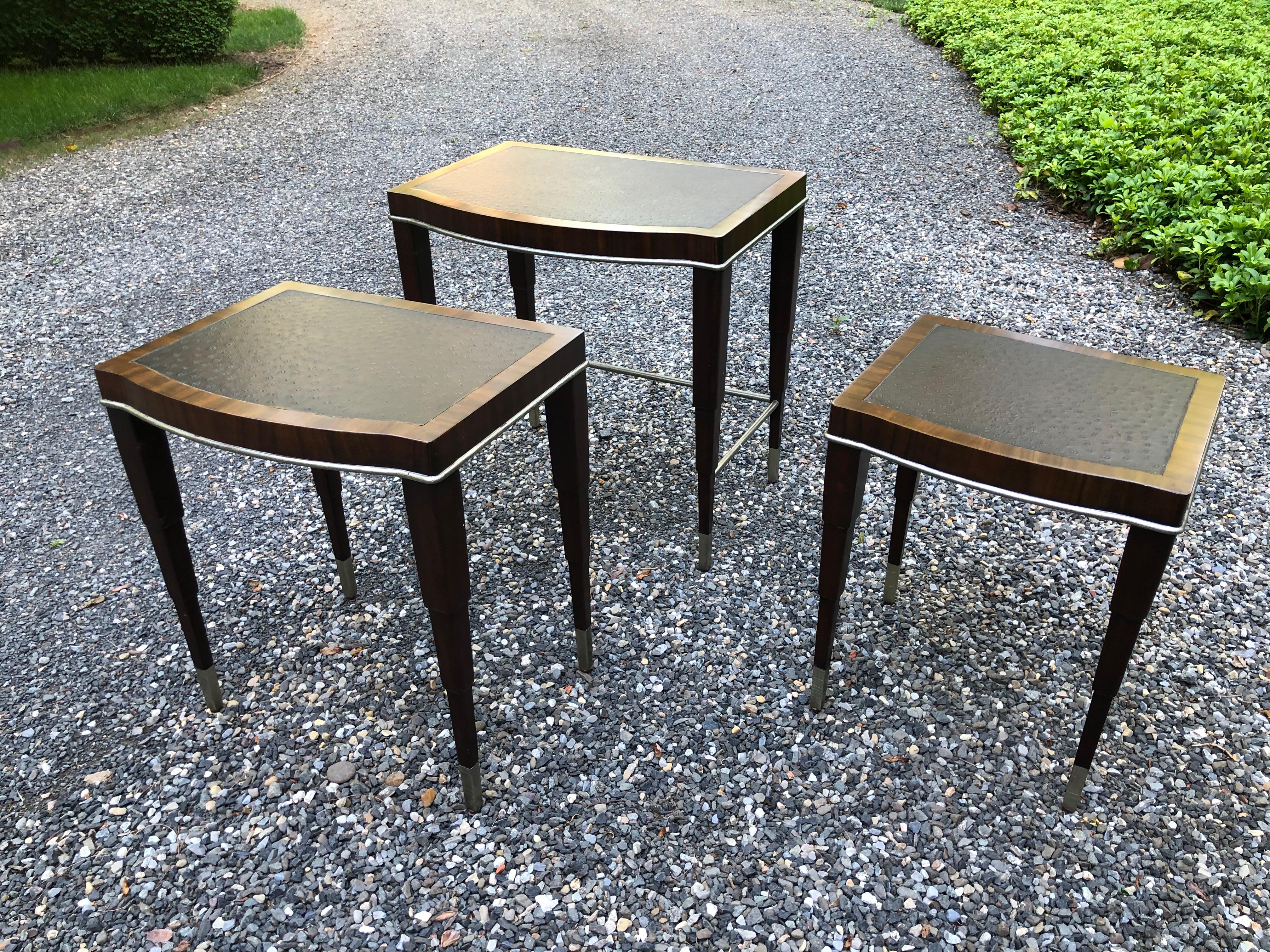 American Rich Faux Ostrich and Mahogany Set of Nesting Tables For Sale