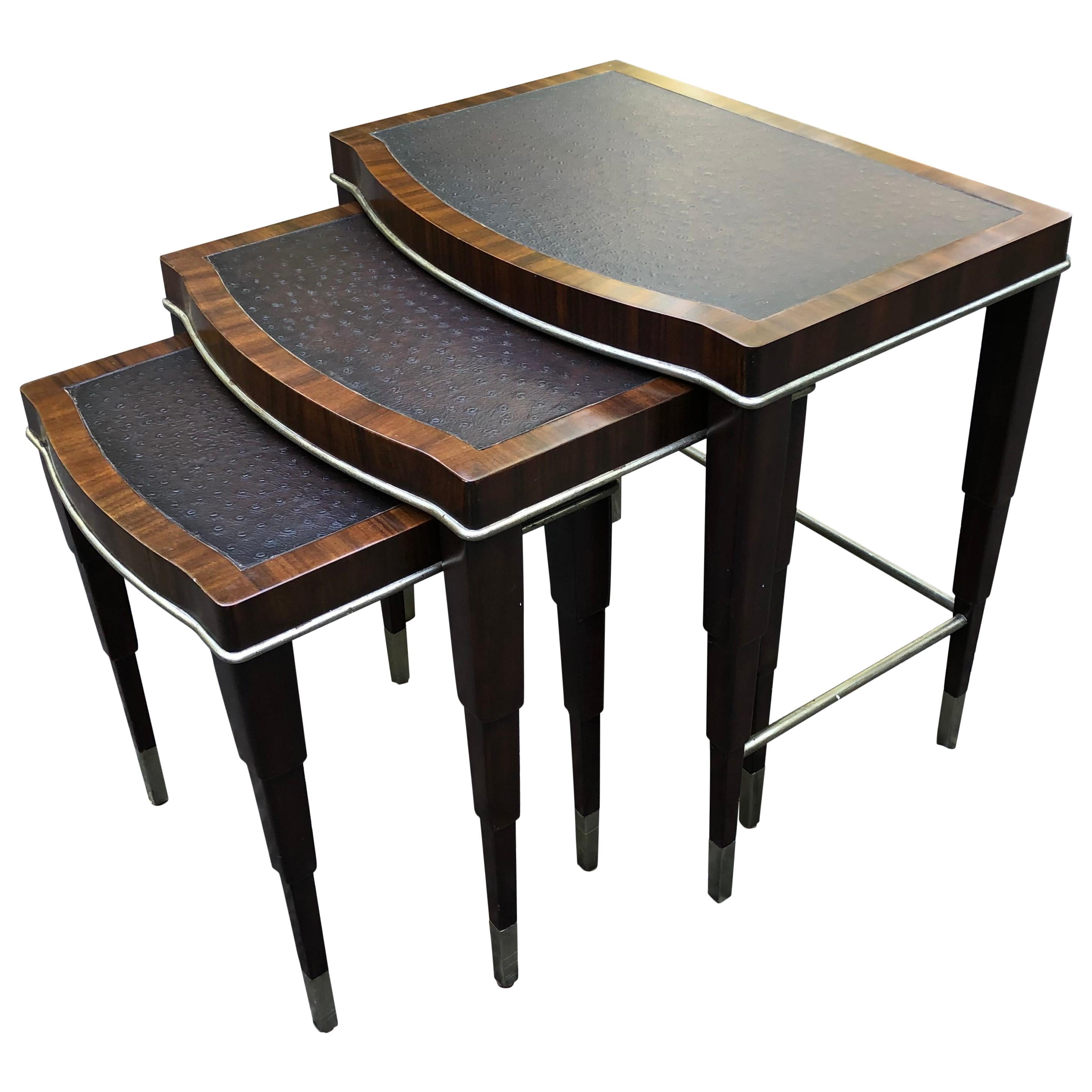 Rich Faux Ostrich and Mahogany Set of Nesting Tables For Sale