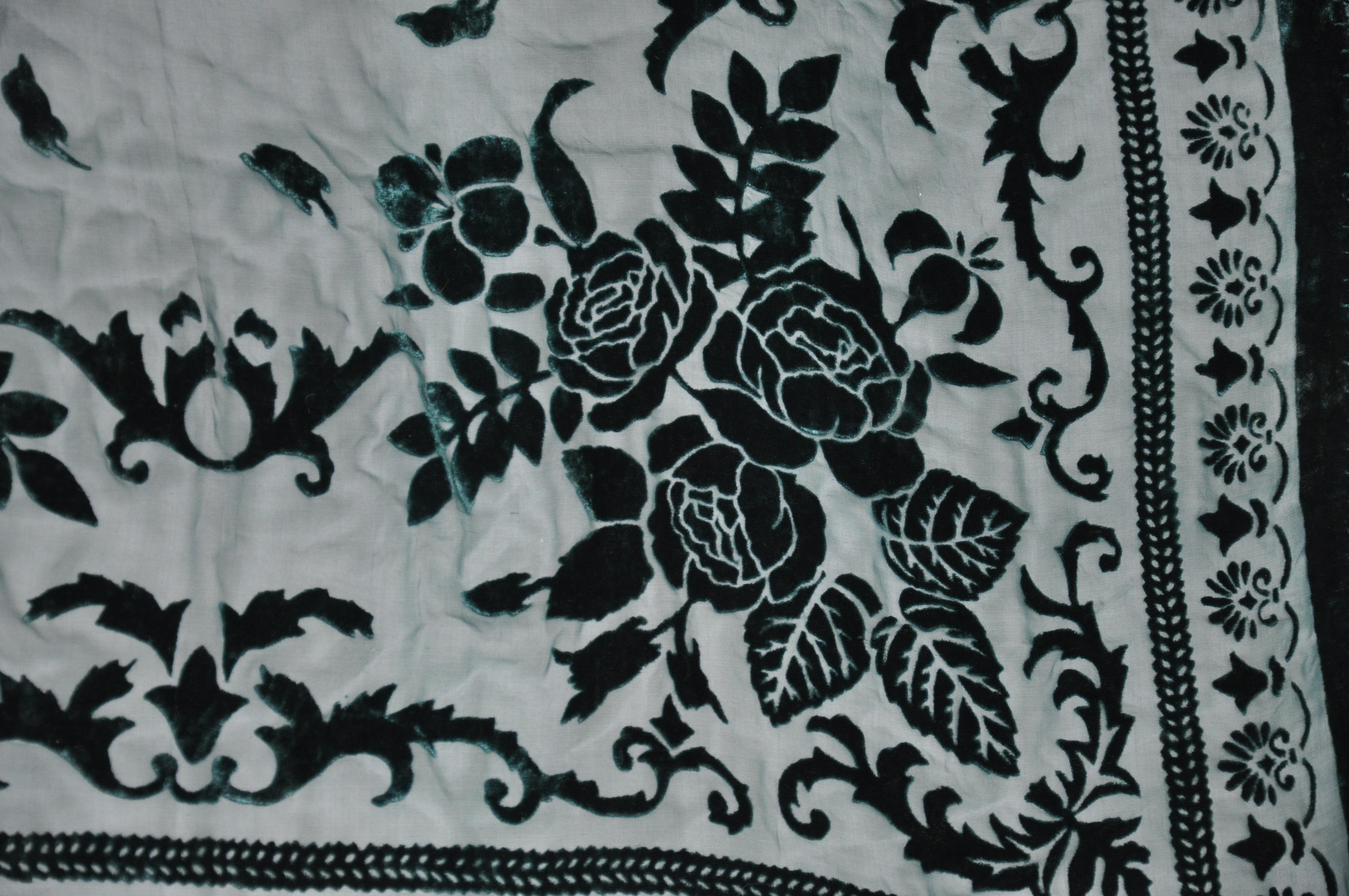 Gray Rich Forest-Green Floral Velvet with Hand-Knotted Silk Fringe For Sale