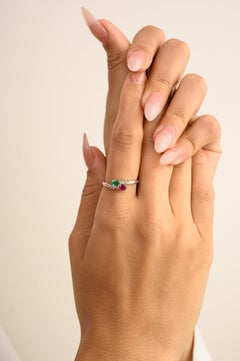 Rich Green Emerald Ruby By Pass Ring with Diamonds in 14k Solid White Gold