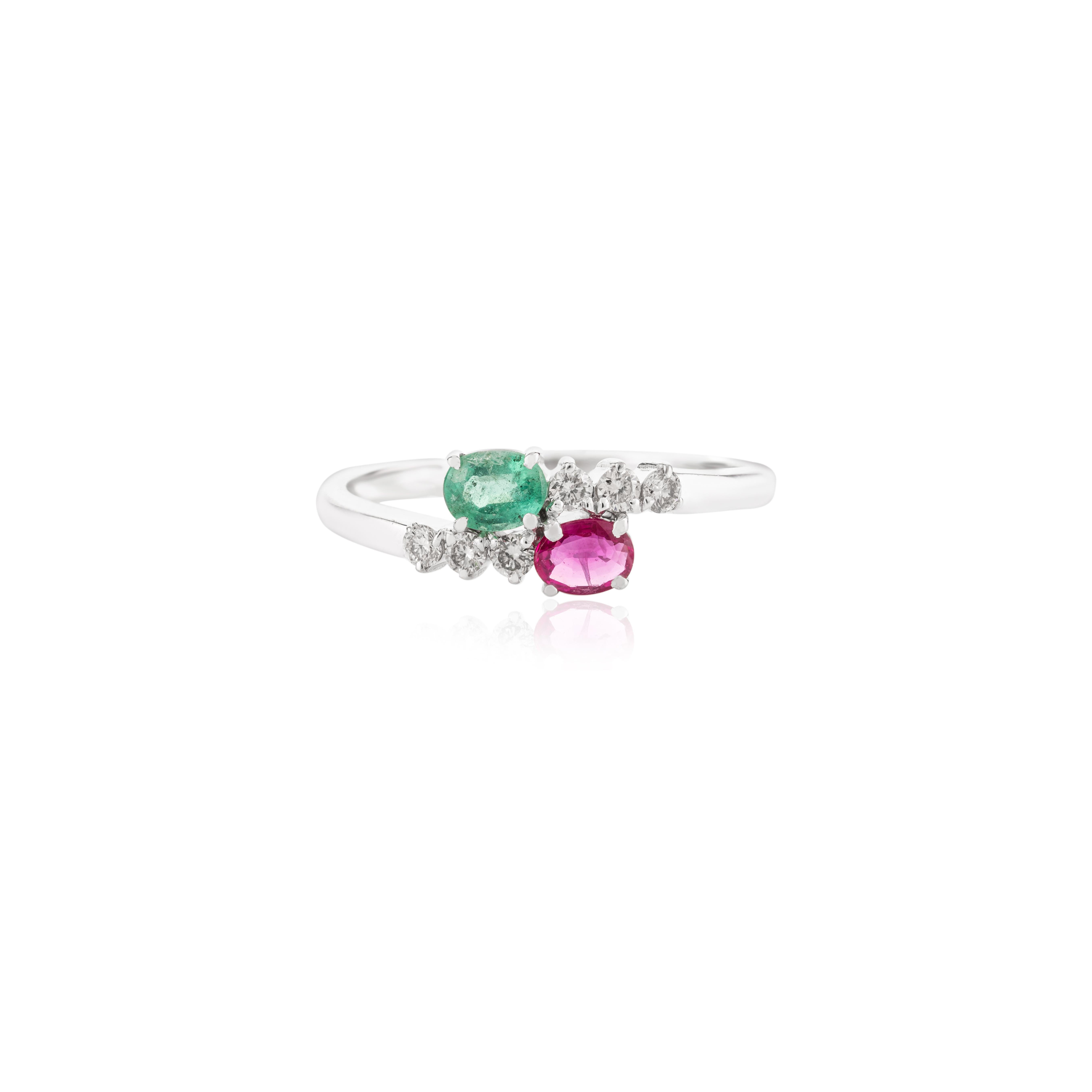 En vente :  Bague By Pass en or blanc massif 14k avec diamants et émeraude verte riche en rubis 3