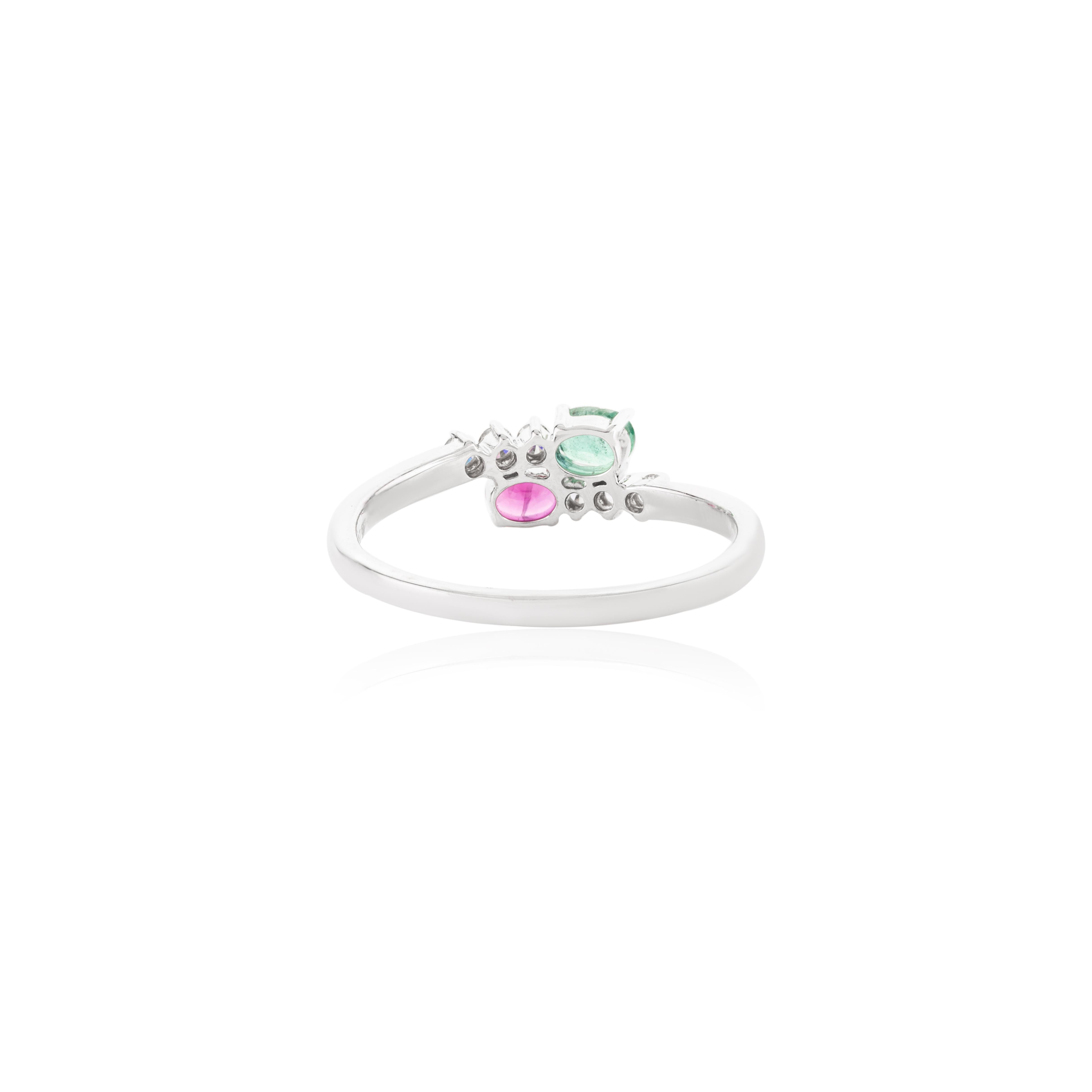 En vente :  Bague By Pass en or blanc massif 14k avec diamants et émeraude verte riche en rubis 7