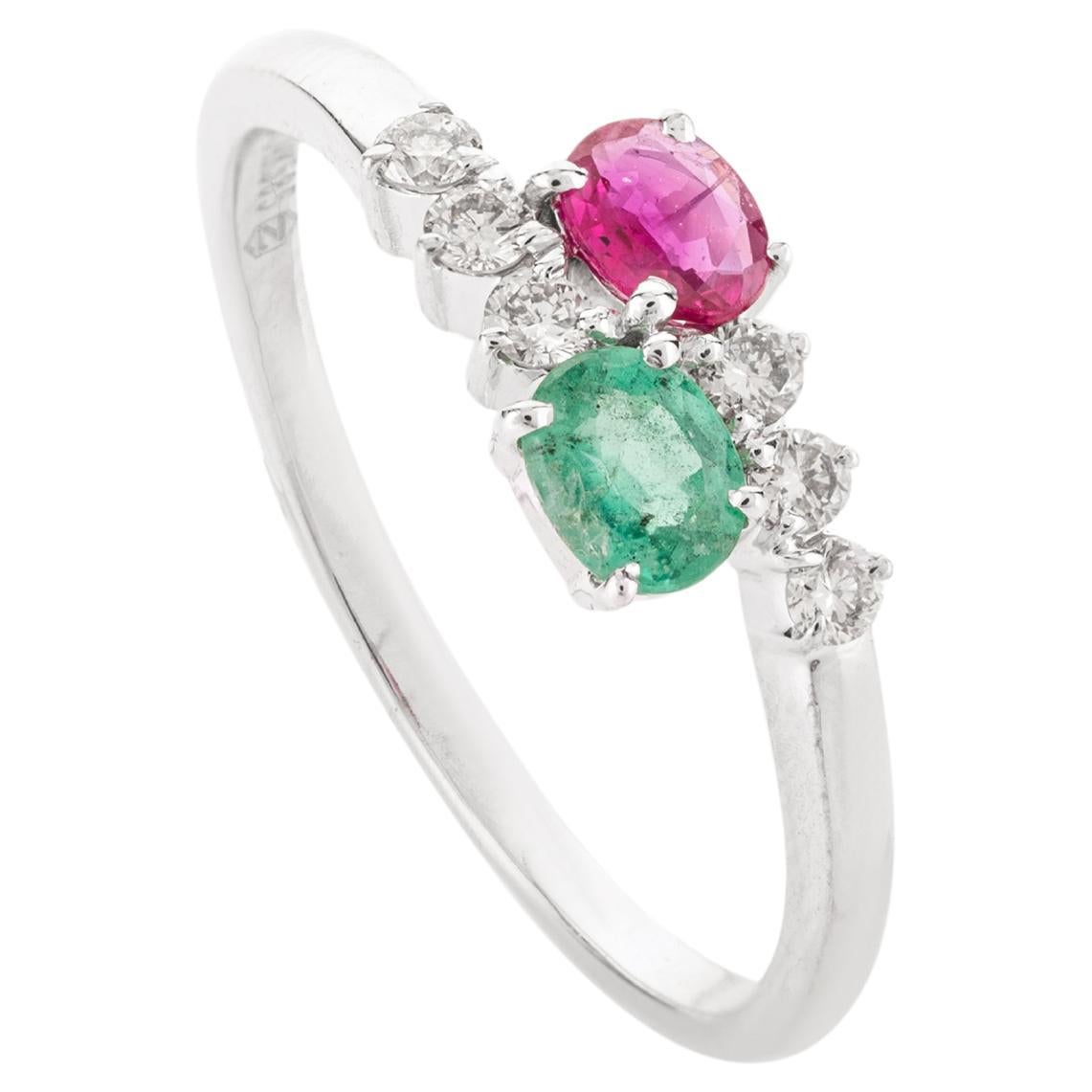 Rich Green Emerald Ruby By Pass Ring with Diamonds in 14k Solid White Gold