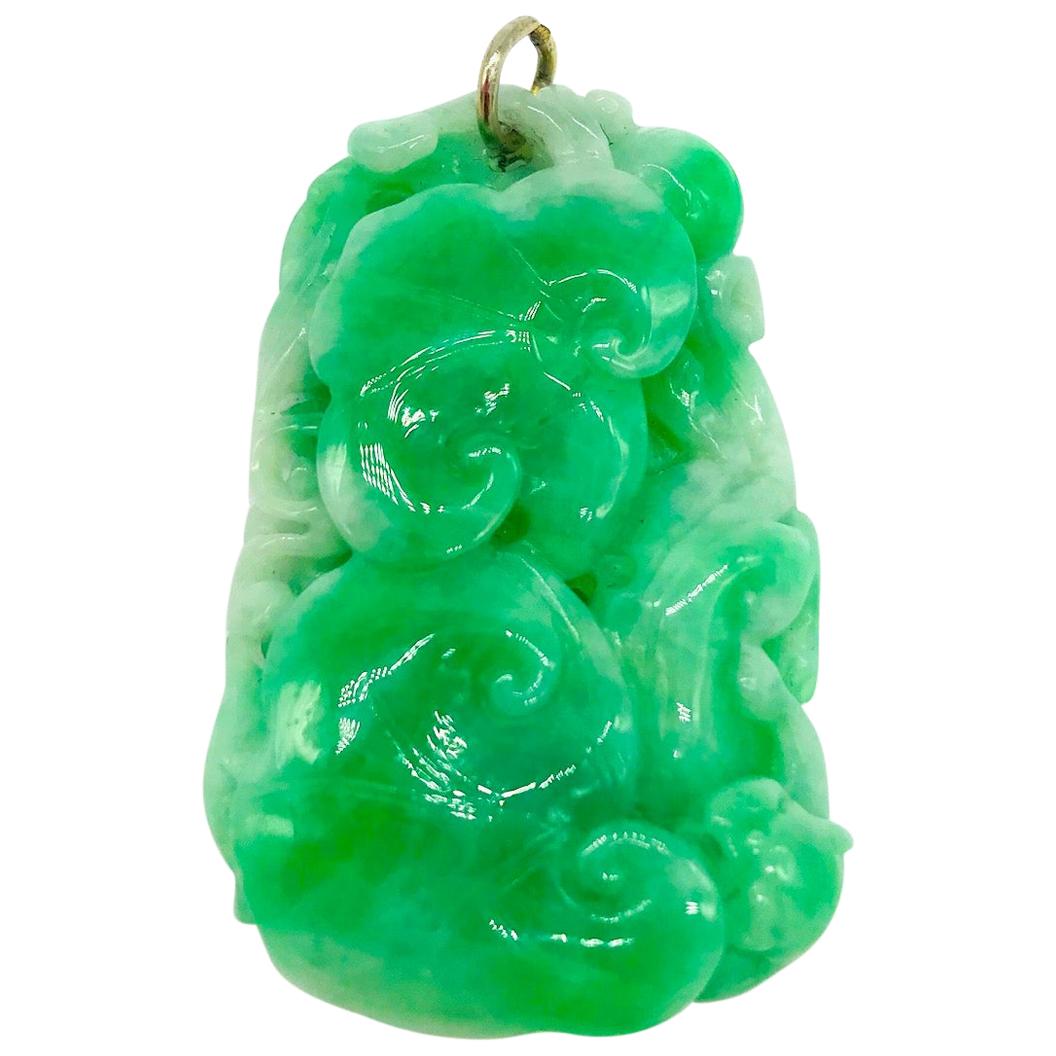 Rich Green Jadeite, Tiger Carving with Floral Pendant, Gold Loop For Sale
