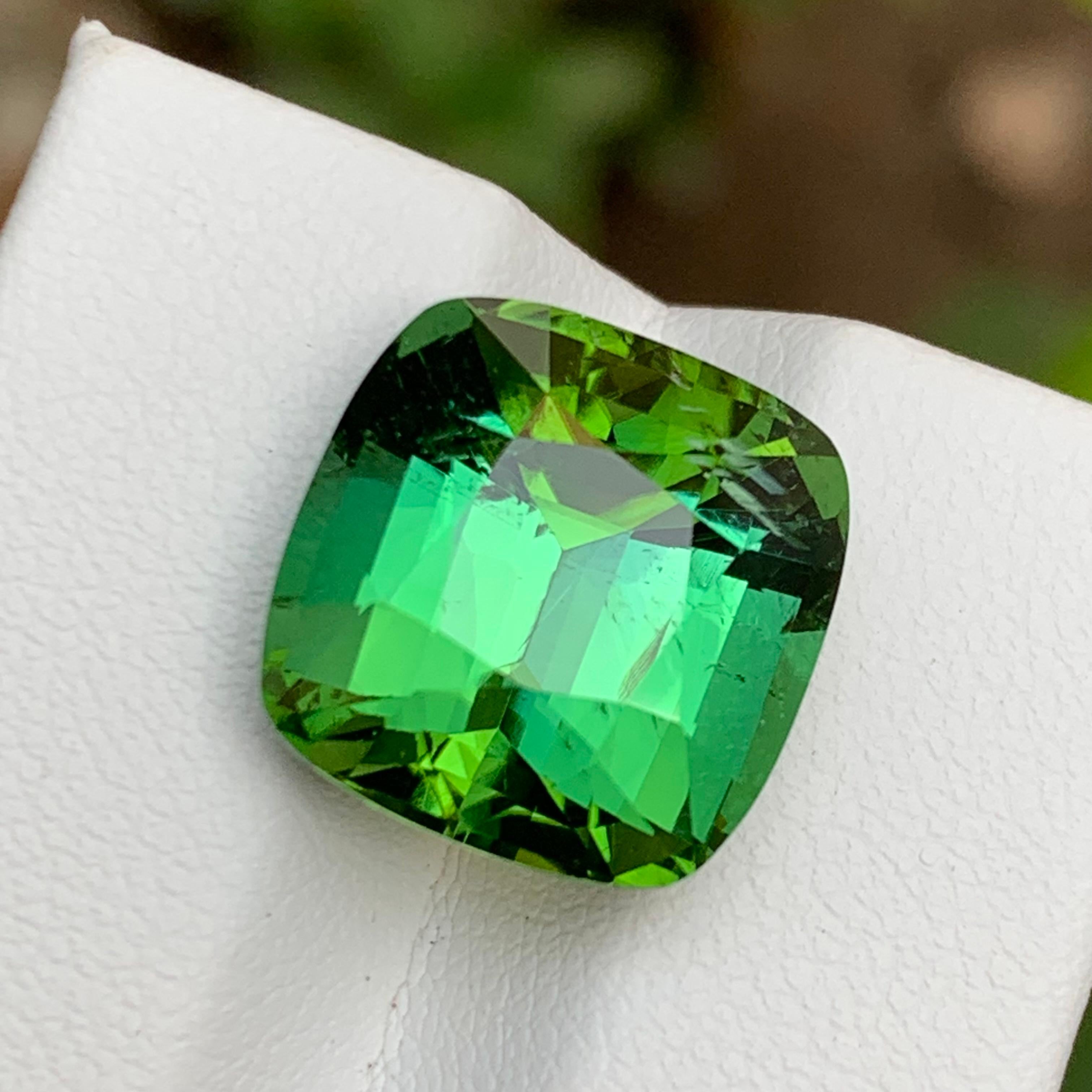 GEMSTONE TYPE: Natural Tourmaline 
PIECE(S): 1
WEIGHT: 13.10 Carats
SHAPE: Cushion
SIZE (MM): 13.65 x 13.40 x 10.24
COLOR: Rich Green
CLARITY: Slightly Included 
TREATMENT: None
ORIGIN: Afghanistan
CERTIFICATE: On demand
(if you require a