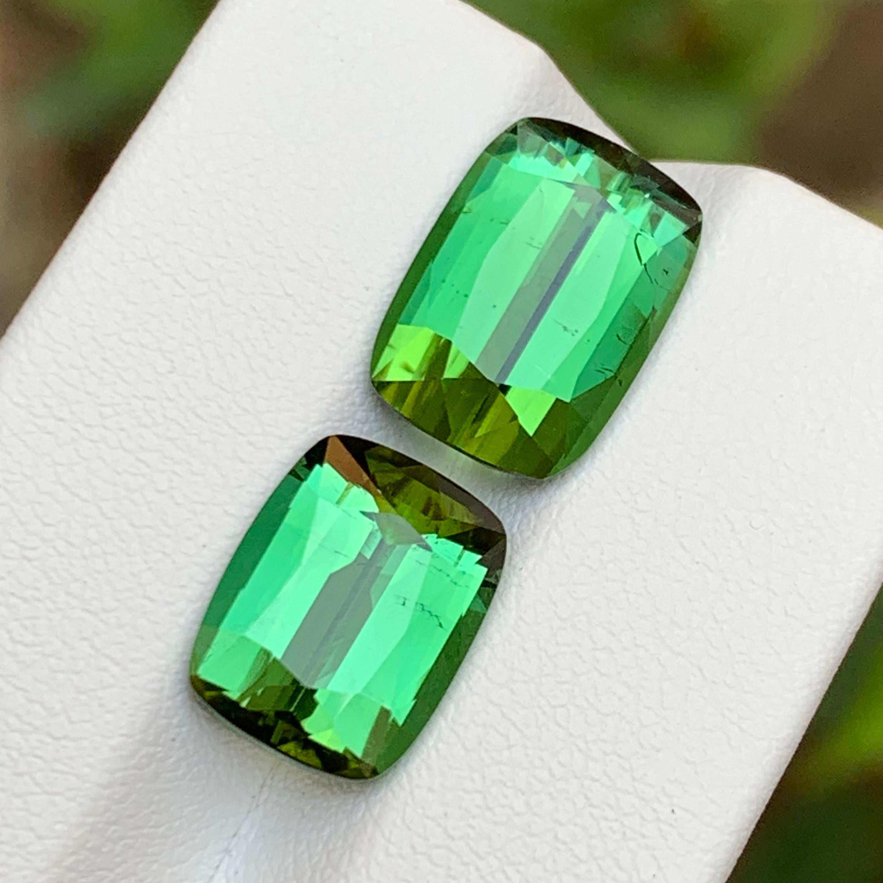GEMSTONE TYPE: Natural Tourmaline 
PIECE(S): 2
WEIGHT: 12.70 Carats
SHAPE: Cushion Cut
SIZE (MM): 
7.20 Carat: 13.61 x 9.56 x 6.73
5.50 Carat: 12.14 x 9.31 x 6.13
COLOR: Rich Green
CLARITY: Slightly Included 
TREATMENT: None
ORIGIN: