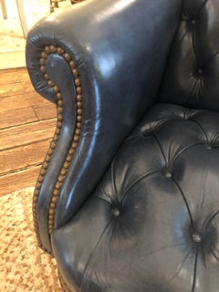 Handsome Blue Leather Tufted Executive Swivel Desk Chair