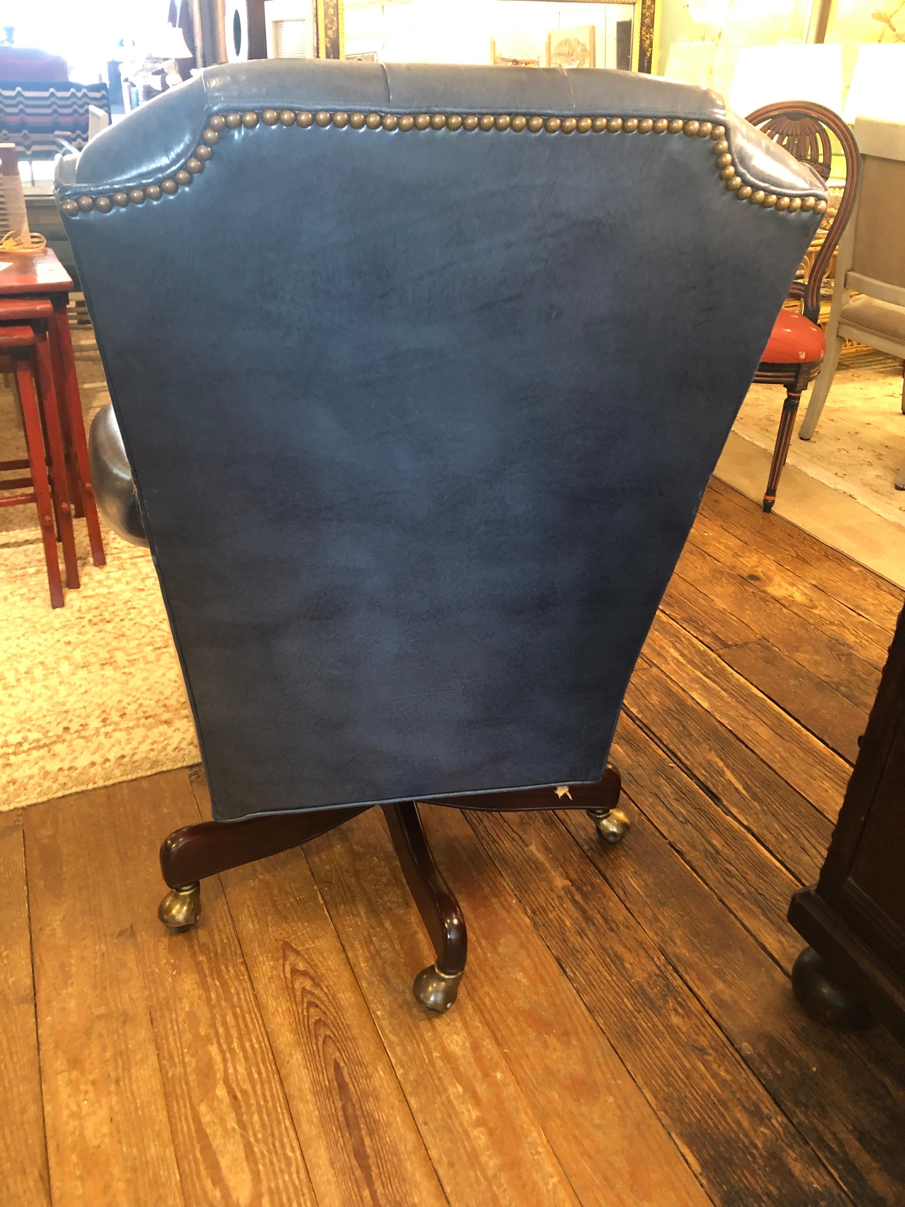 Handsome Blue Leather Tufted Executive Swivel Desk Chair In Good Condition In Hopewell, NJ