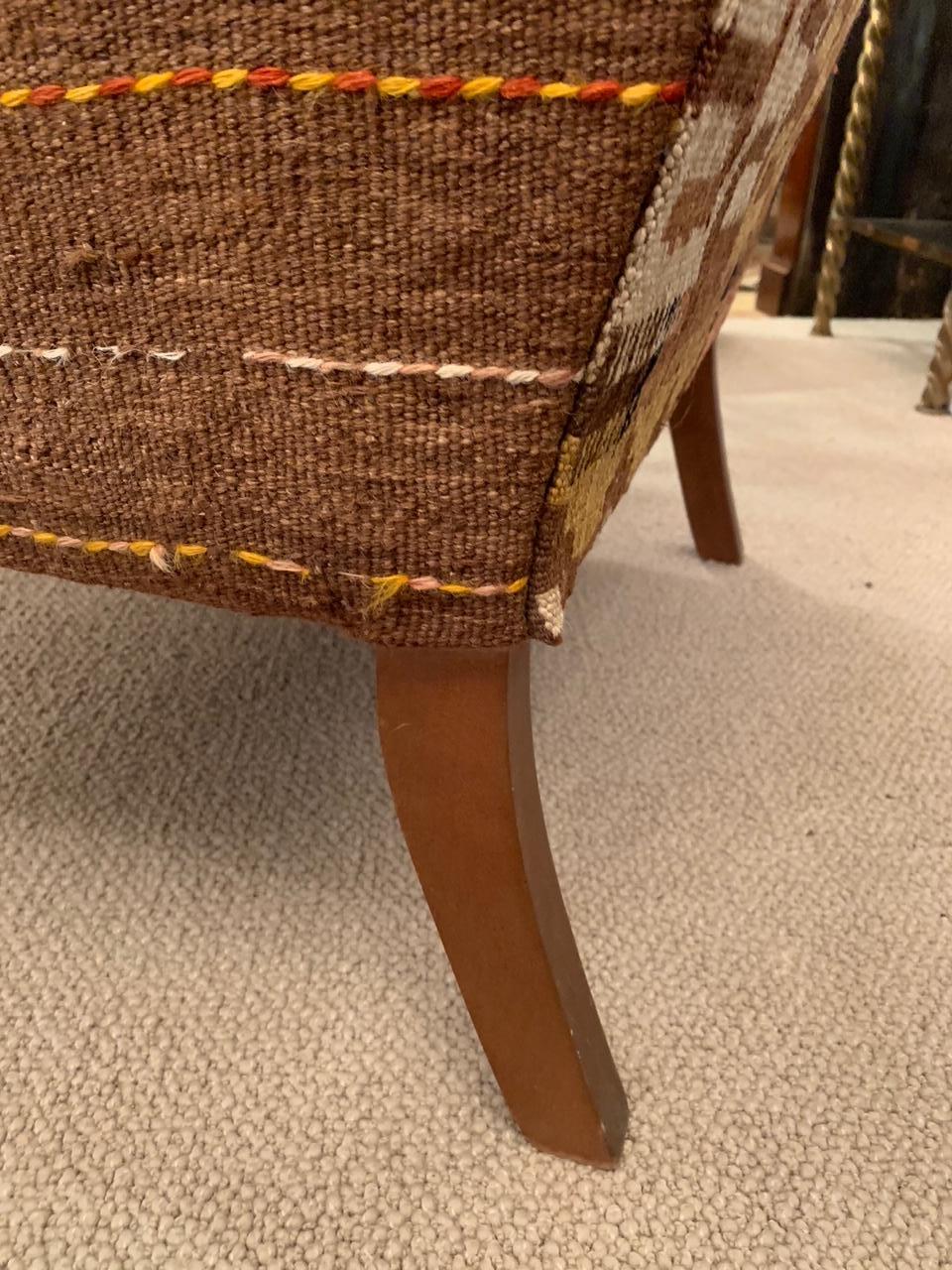 Rich Kilim and Soft Tan Leather Wingback Chair 2