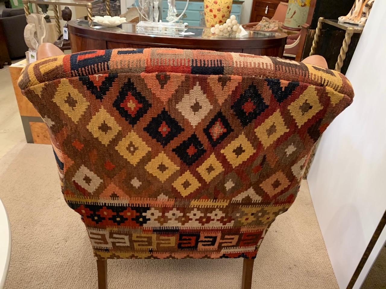 Rich Kilim and Soft Tan Leather Wingback Chair 3