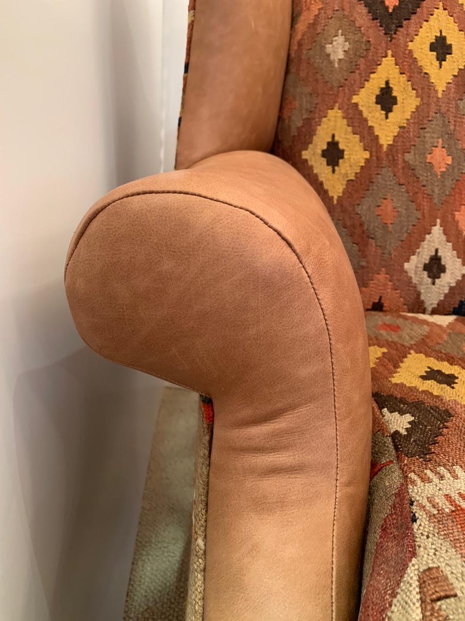 Late 20th Century Rich Kilim and Soft Tan Leather Wingback Chair
