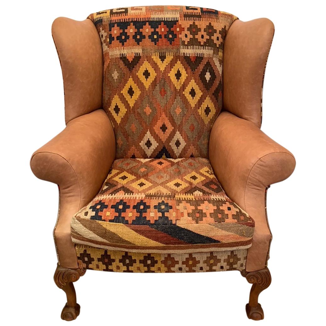 Rich Kilim and Soft Tan Leather Wingback Chair