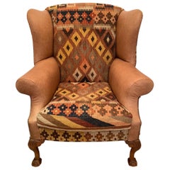 Rich Kilim and Soft Tan Leather Wingback Chair