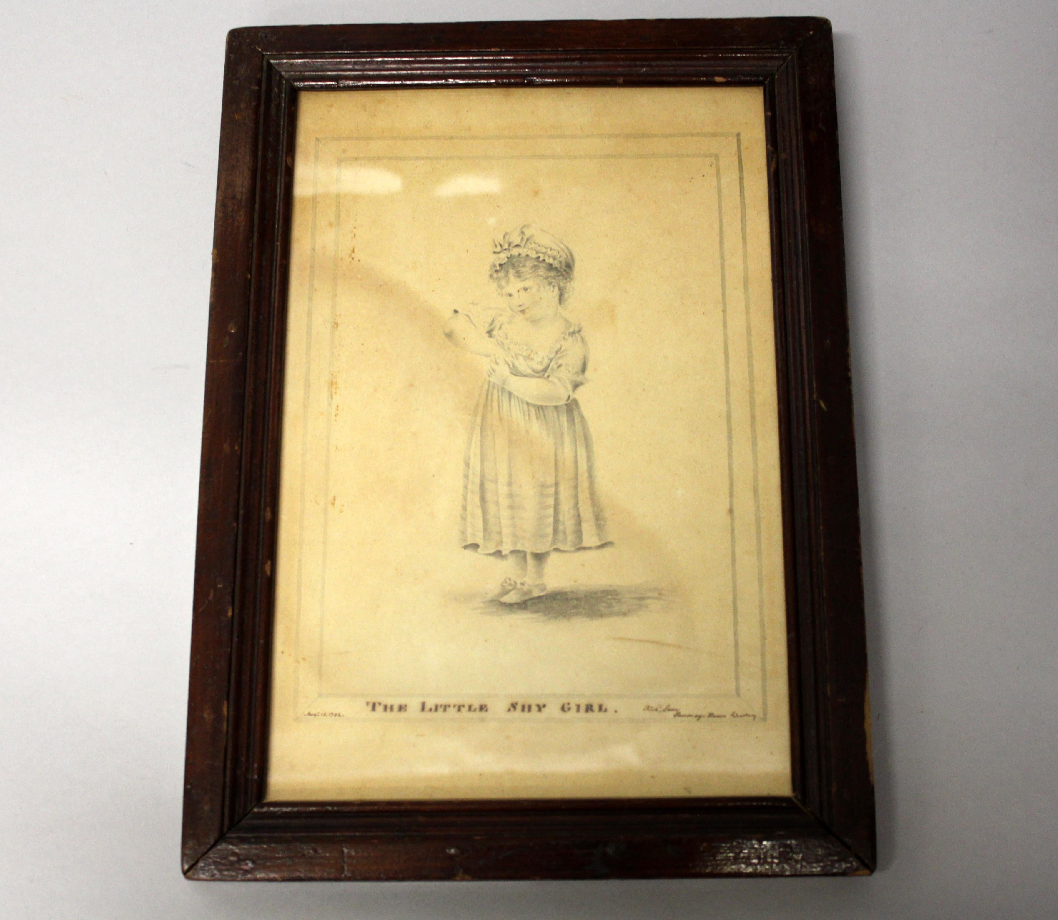 Antique drawing titled shy little girl.
Technique: Etching
Date: 1792
Artist: Rich Lane
Signed

Measures: Image size 21.5 × 15.5 cm
Total dimensions 31 × 22 × 1.8 cm
Weight 602 grams

Condition: General wear and tear with some age related