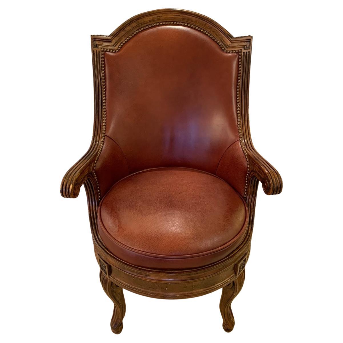 Leather and Suede Swivel Chair with Foot Stool at 1stDibs