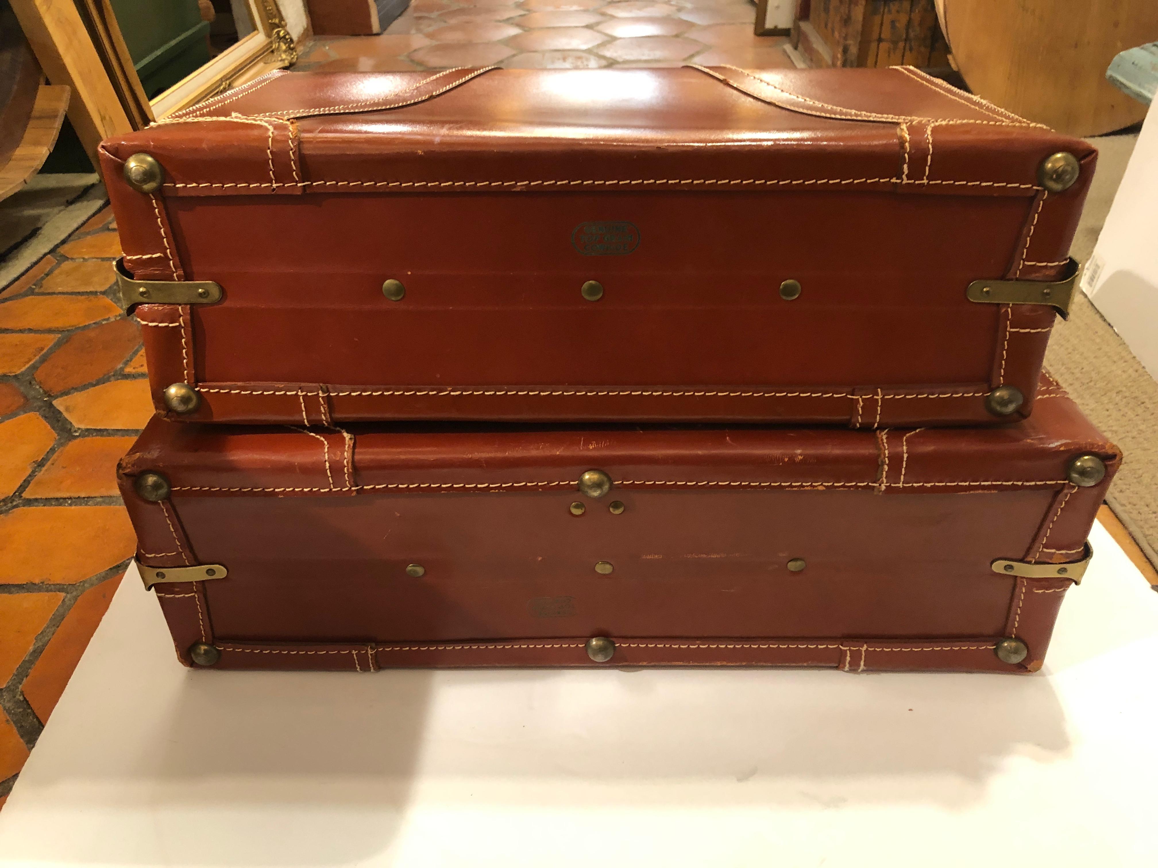 Mid-20th Century Rich Leather Pair of Vintage Suitcases Luggage