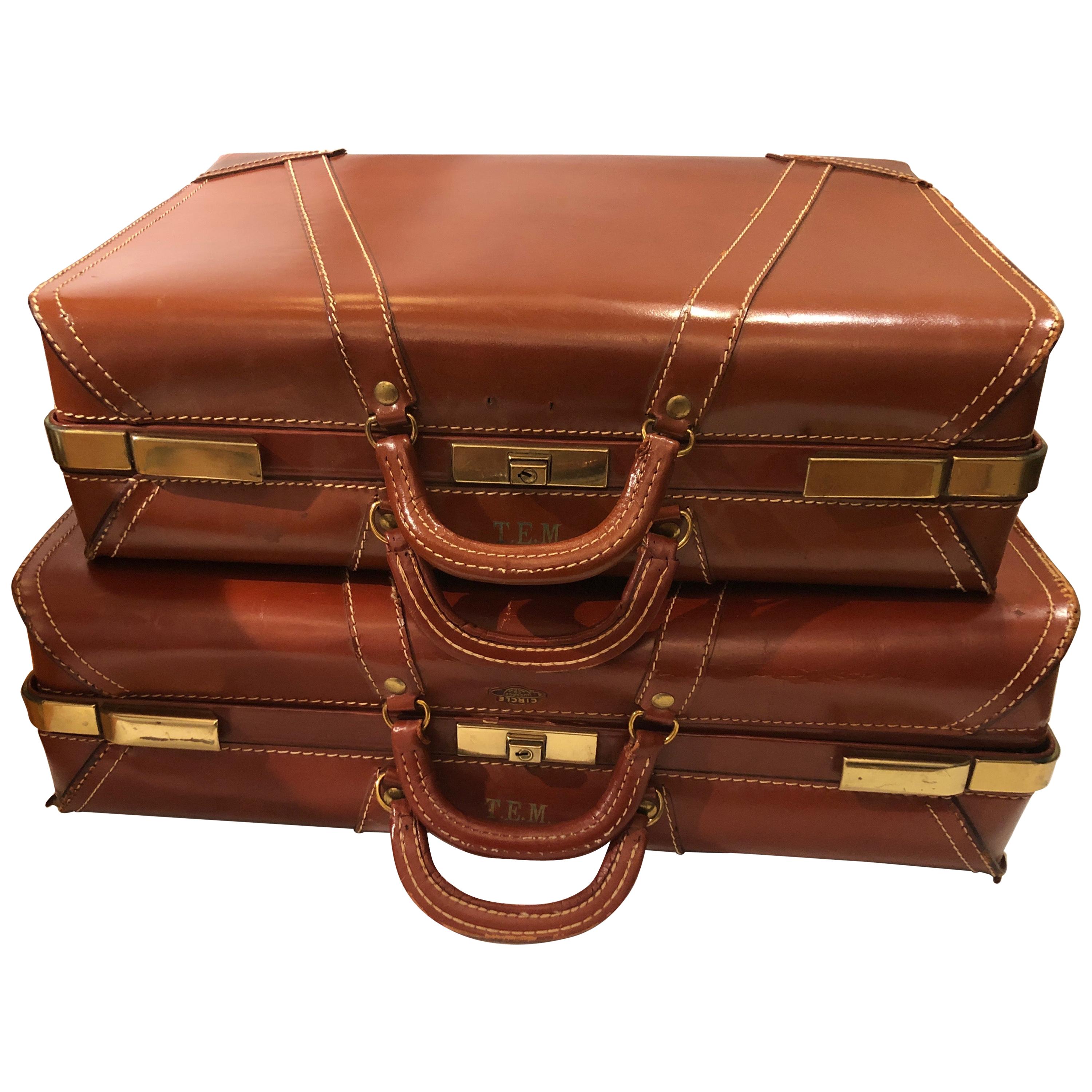 Fine Vintage Samsonite Deco Leather Three Piece Suitcase Luggage Suite