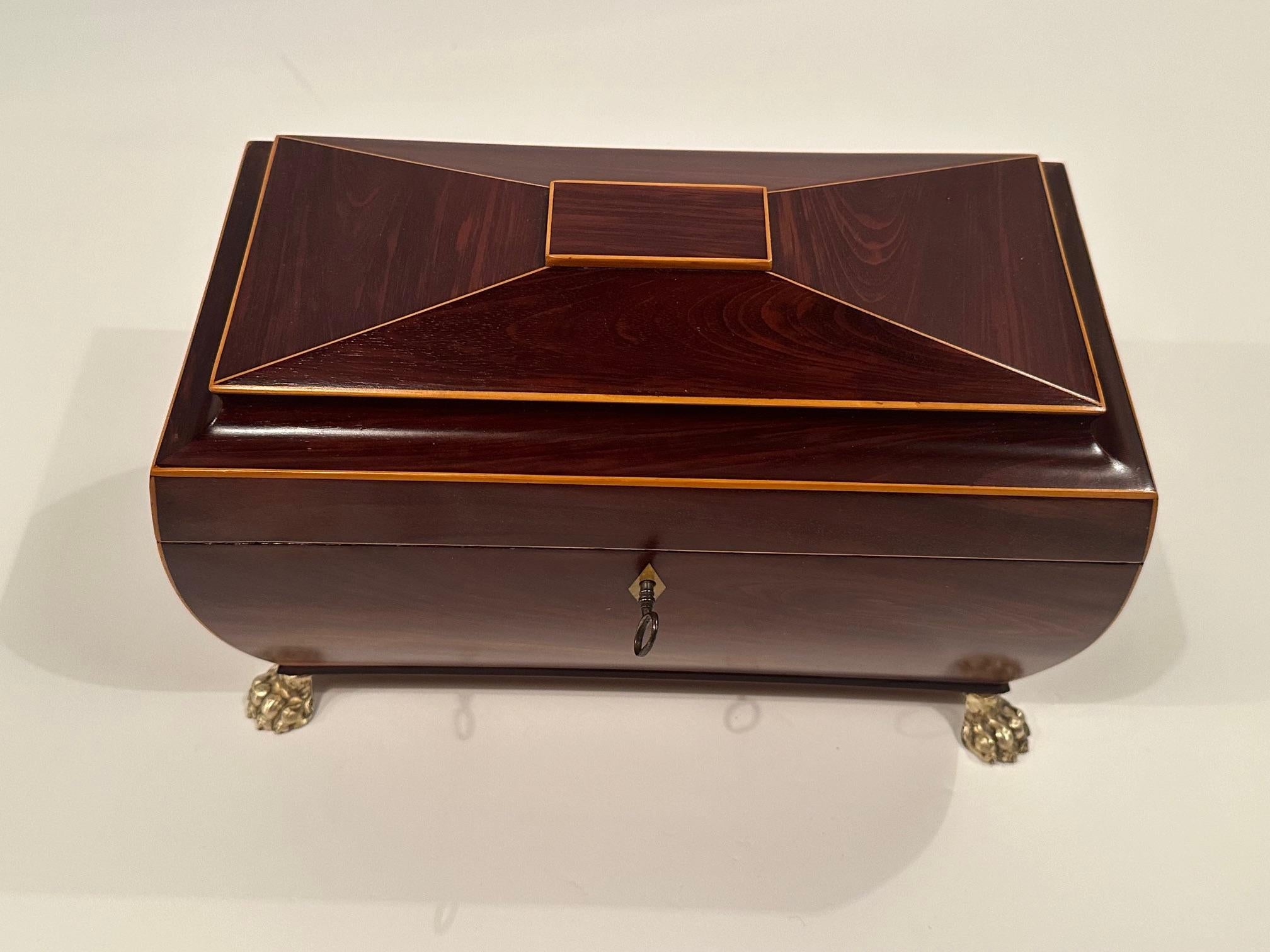 19th Century Rich Mahogany Regency Style Tea Caddie with Inlay and Brass Lion Rings For Sale