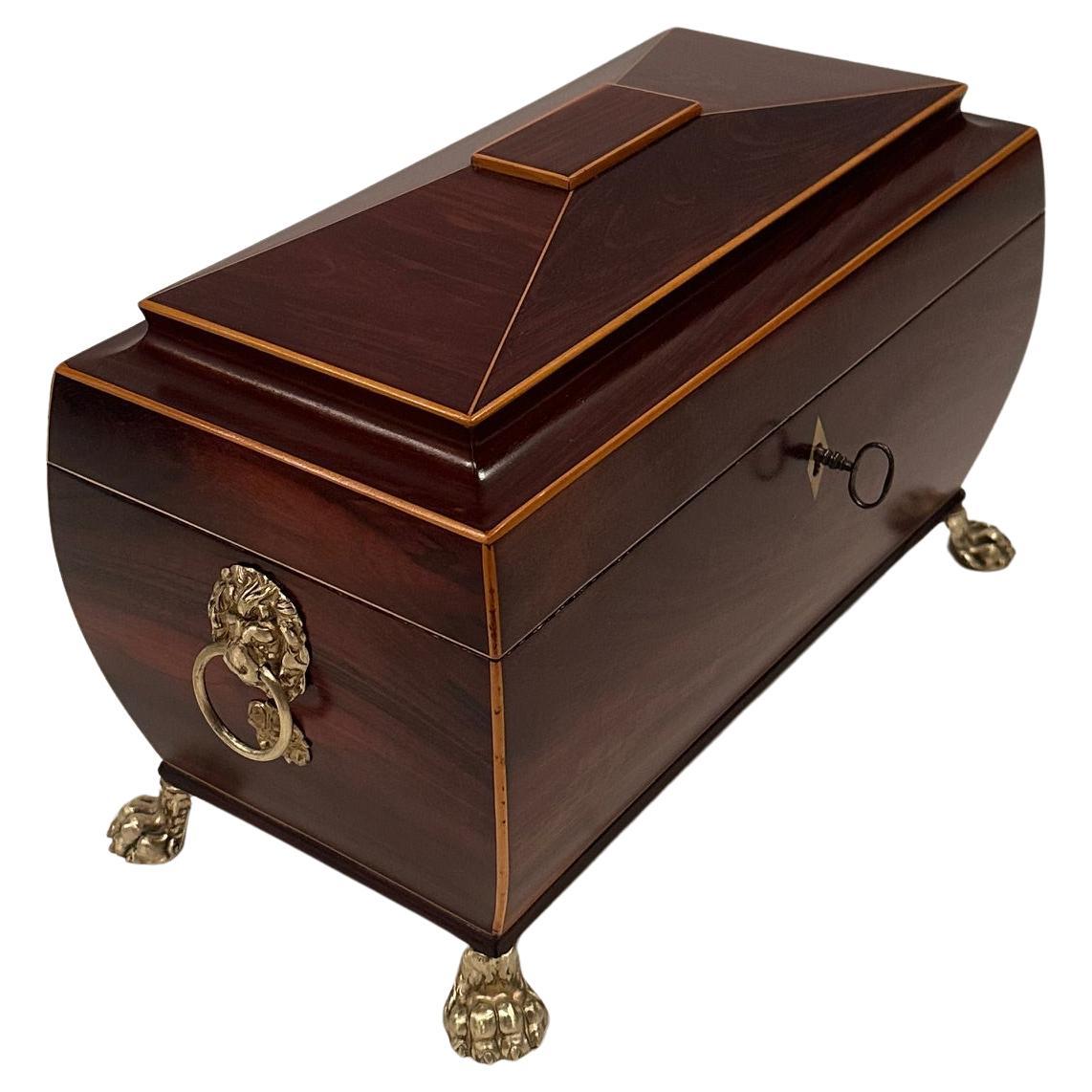 Rich Mahogany Regency Style Tea Caddie with Inlay and Brass Lion Rings For Sale