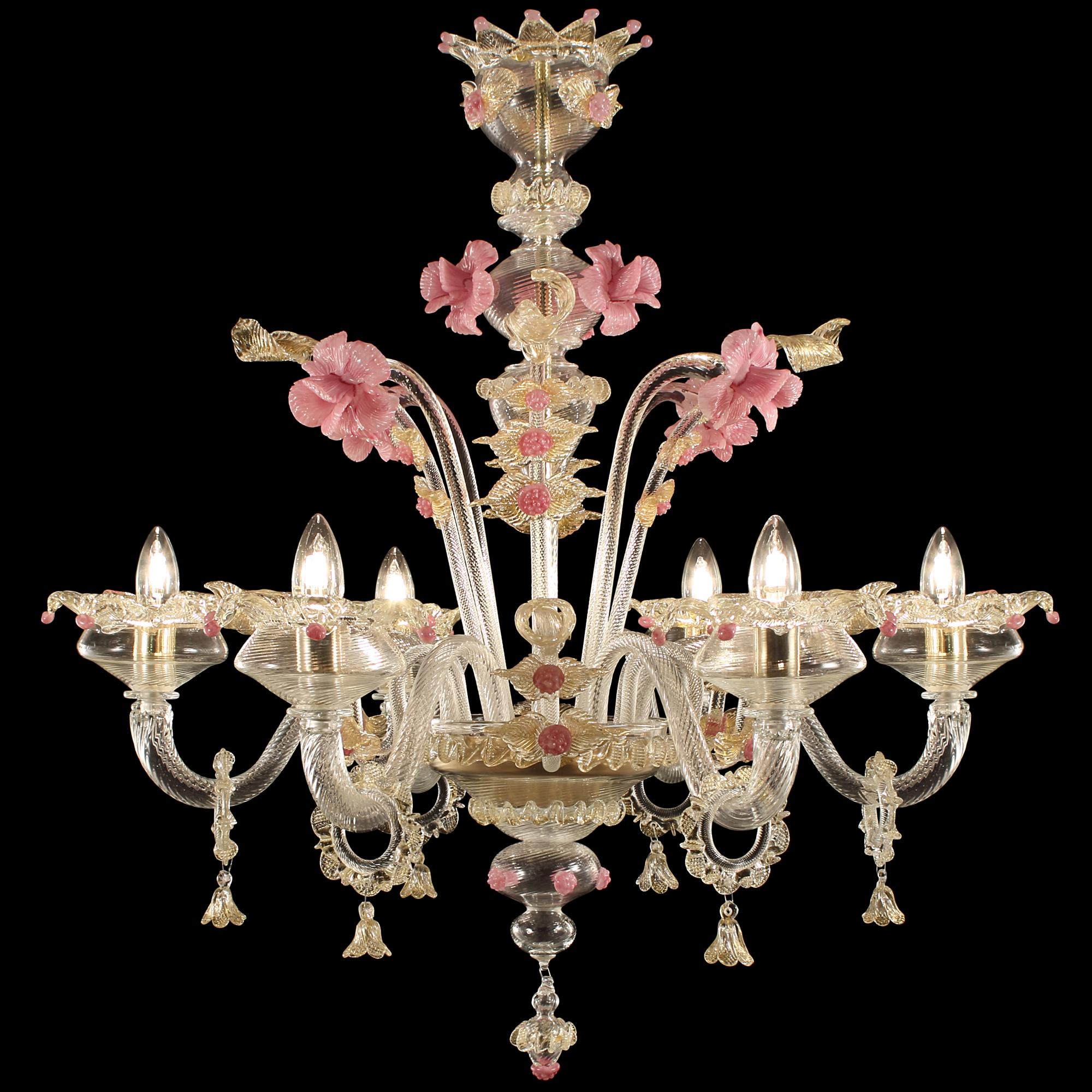 XXI secolo e contemporaneo Ricco lampadario di Murano a 6 bracci in cristallo e vetro di Murano oro Fenix di Multiforme in vendita