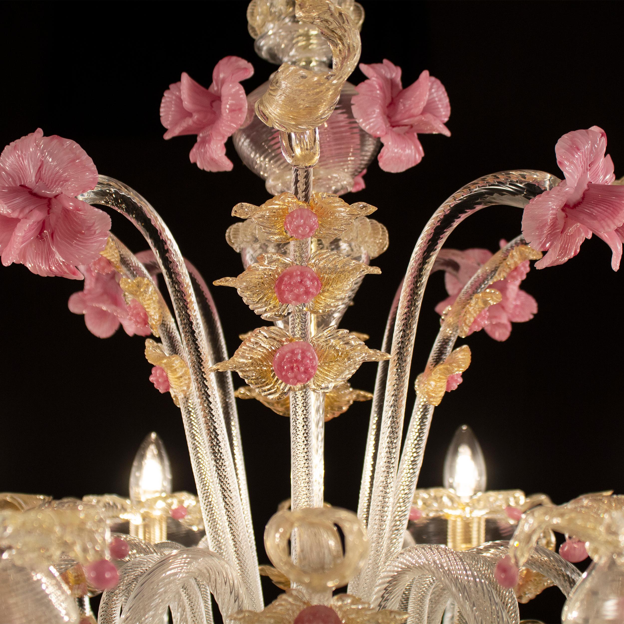 Ricco lampadario di Murano a 6 bracci in cristallo e vetro di Murano oro Fenix di Multiforme in vendita 1