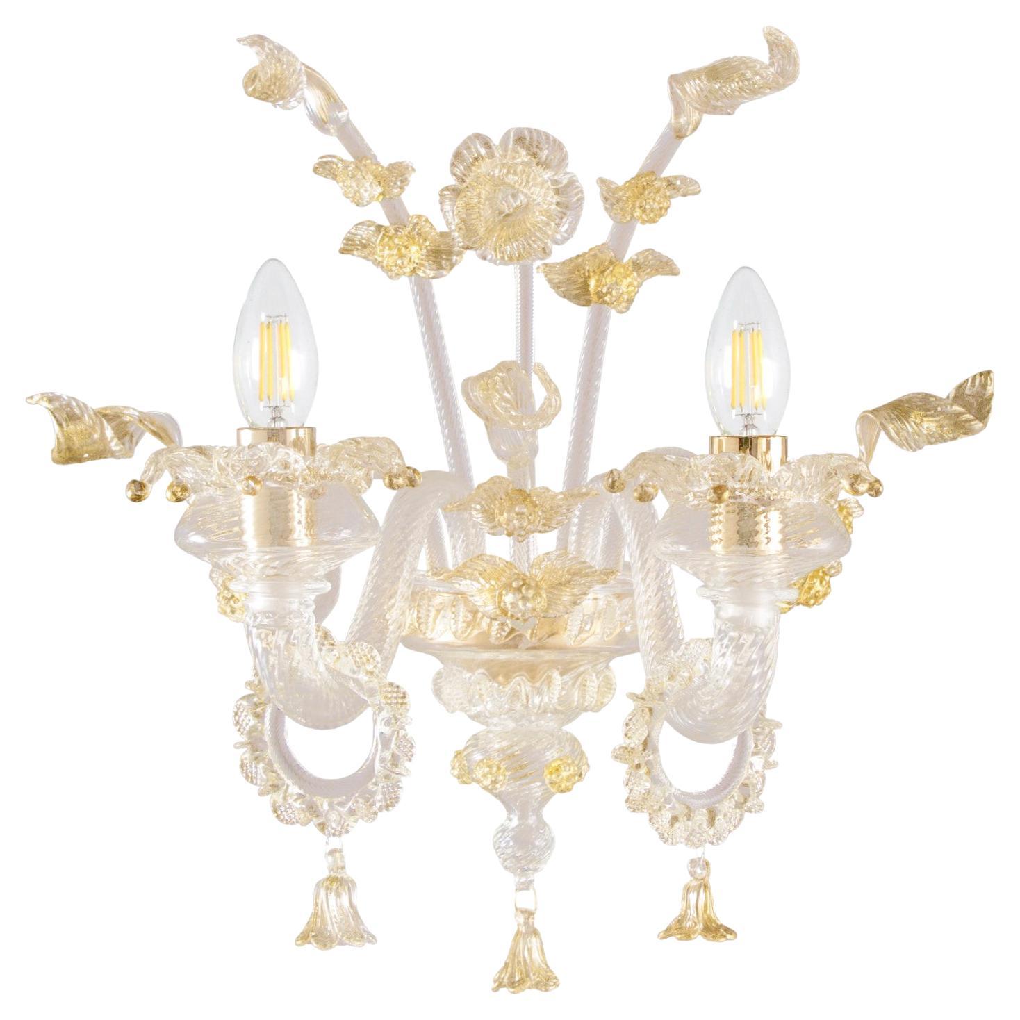 Rich Murano Sconce 2 Arms Crystal and Gold Murano Glass Fenix by Multiforme For Sale