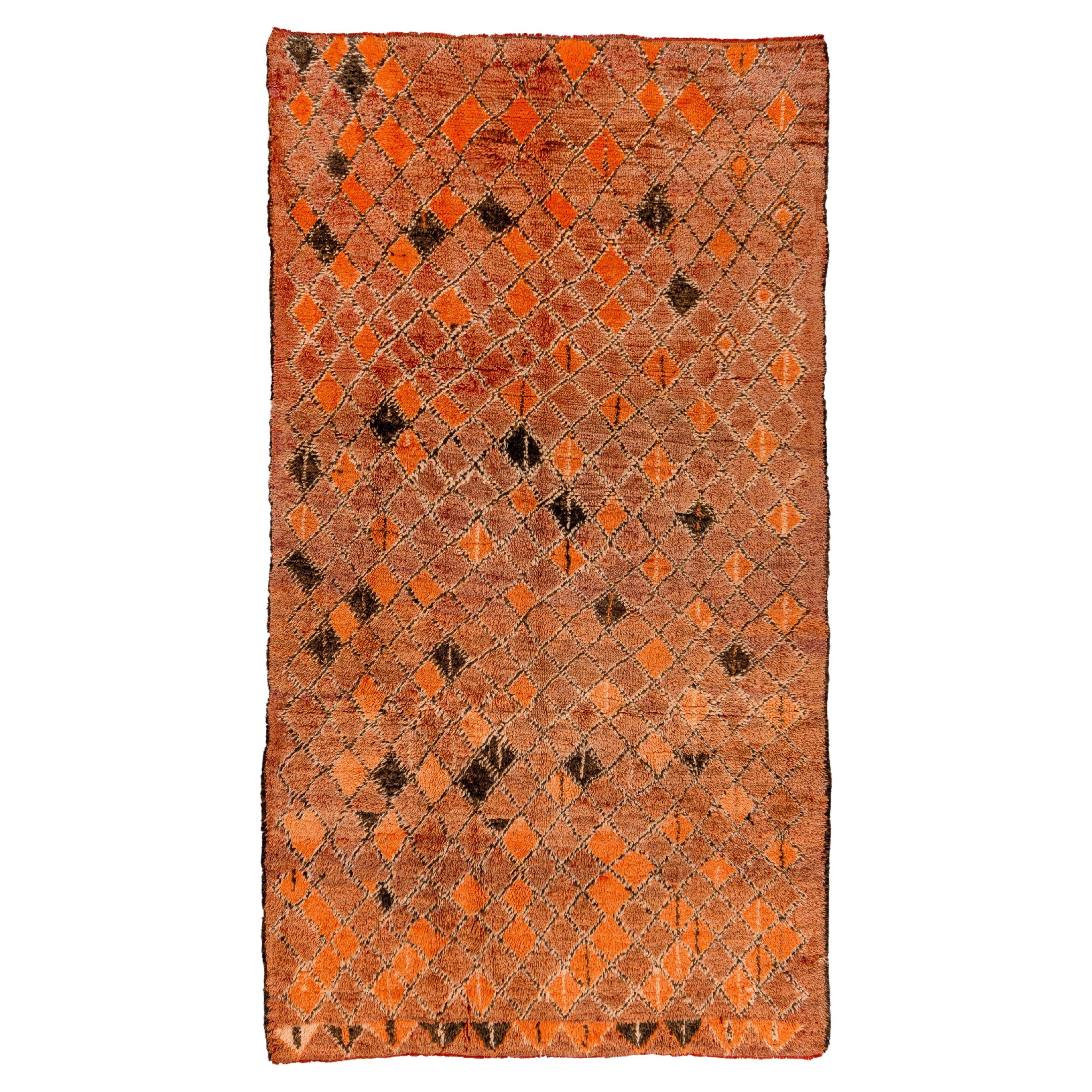 Rich Orange Abstract Geometric Moroccan Village Rug  For Sale