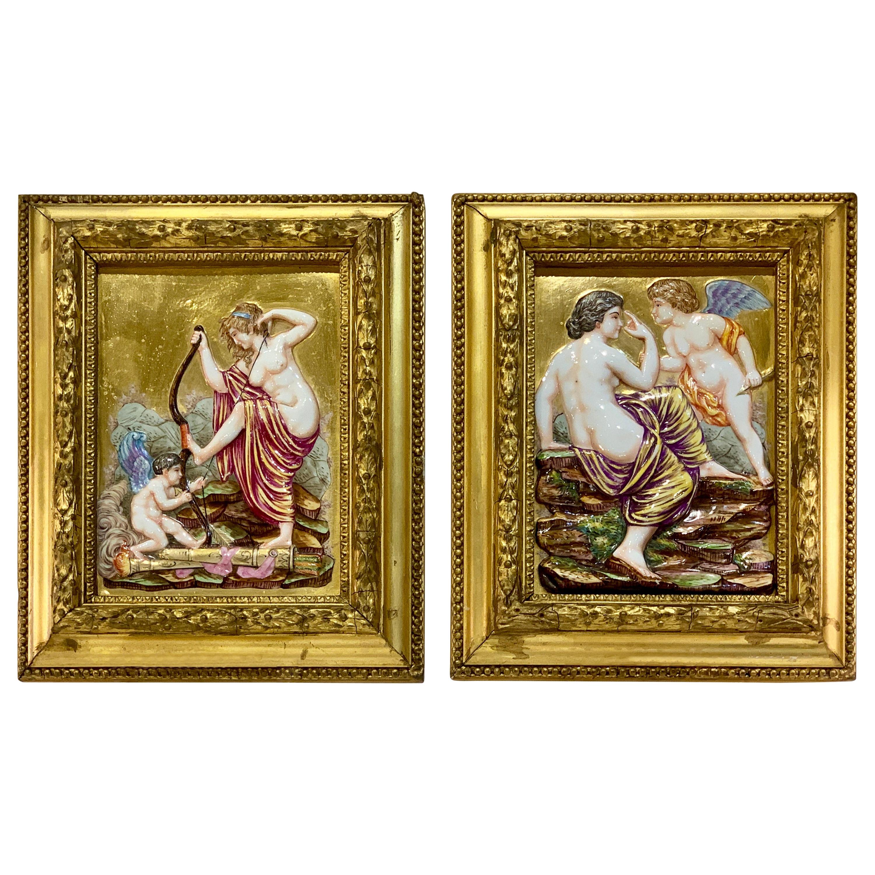  Pair of Antique Italian Capodimonte Rich 24K Gold High Relief Plaques