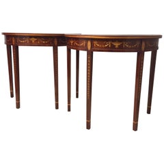 Rich Pair of Mahogany Inlaid Neoclassical Style Demilune Console Tables