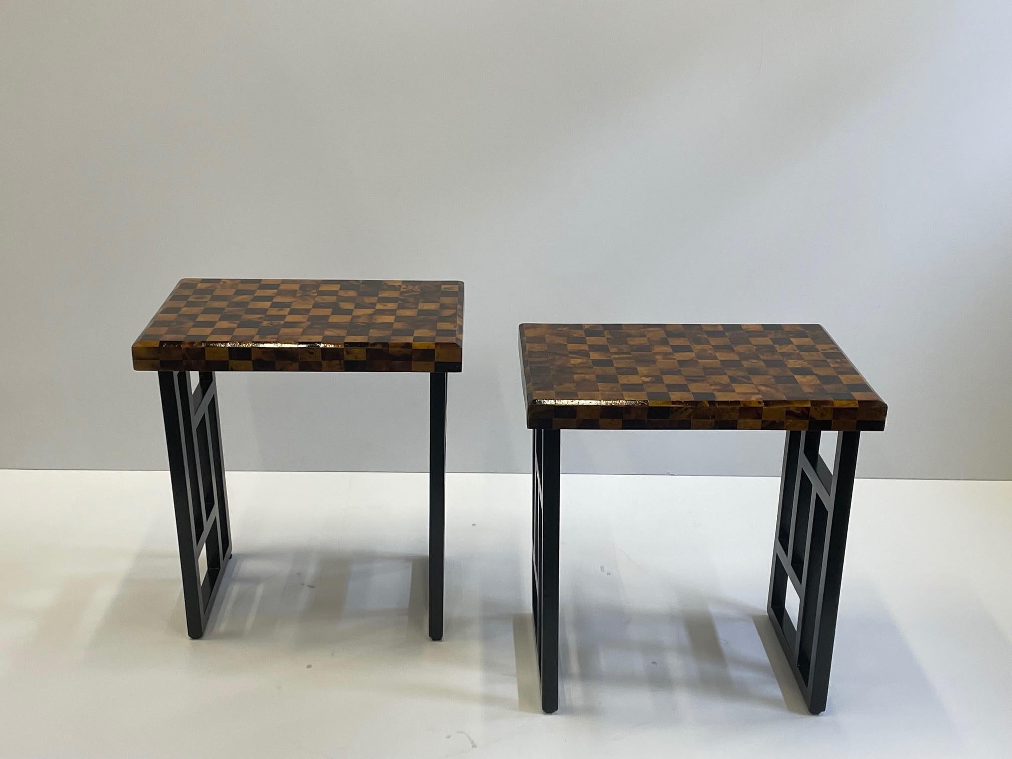 Philippine Rich Pair of Small Martini Tables with Crushed Coconut Checkerboard Tops