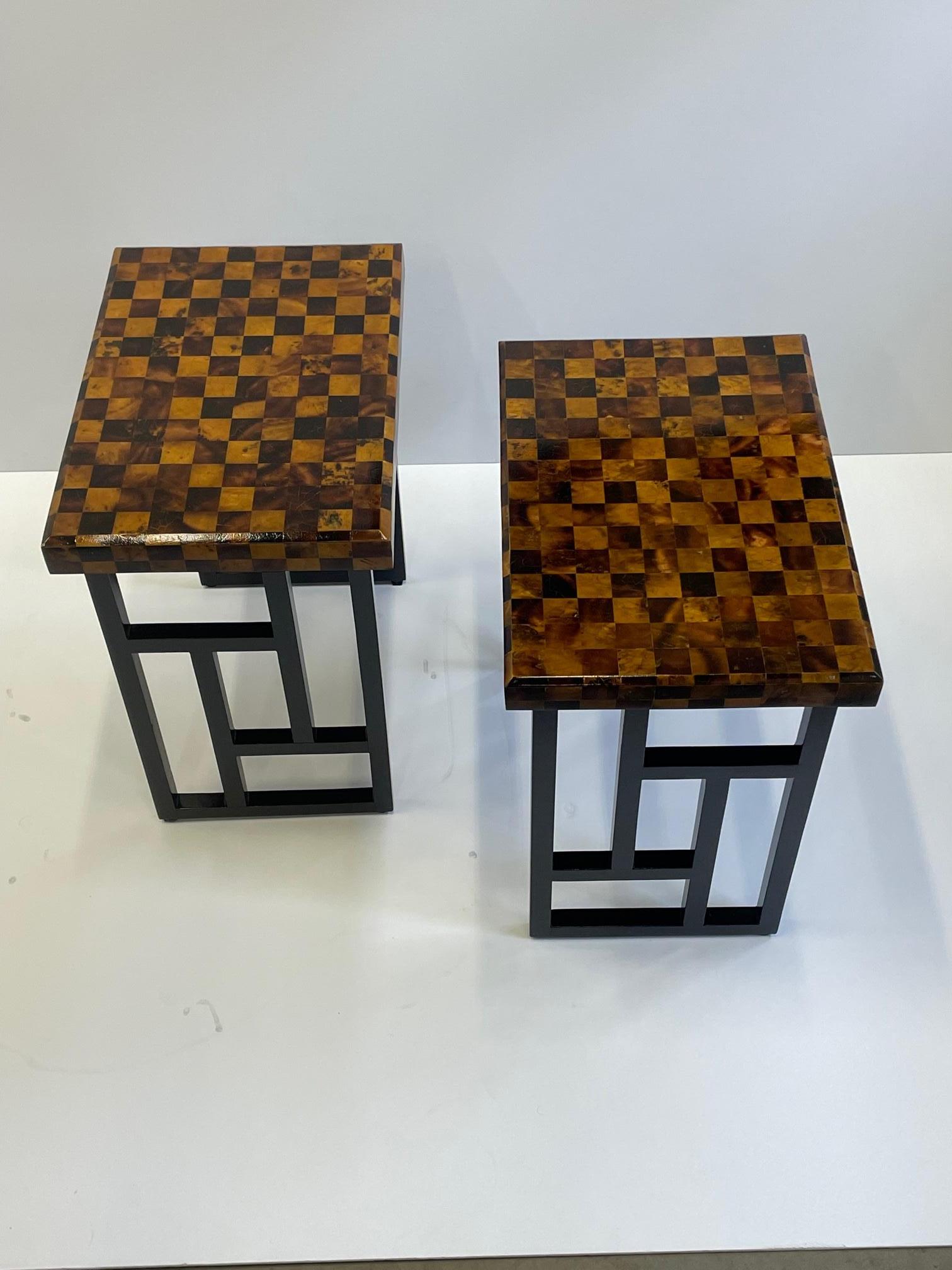 Rich Pair of Small Martini Tables with Crushed Coconut Checkerboard Tops In Good Condition In Hopewell, NJ