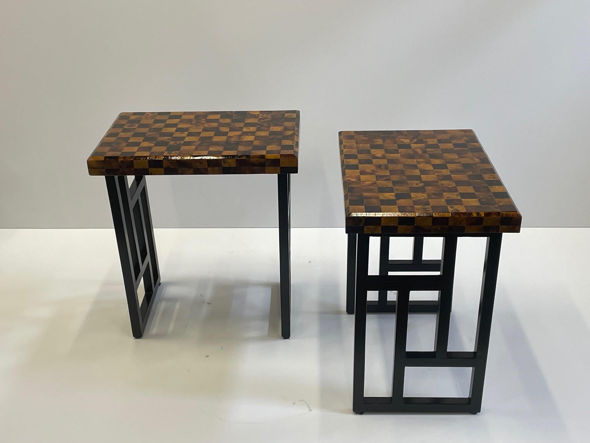 Wood Rich Pair of Small Martini Tables with Crushed Coconut Checkerboard Tops