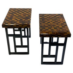 Retro Rich Pair of Small Martini Tables with Crushed Coconut Checkerboard Tops