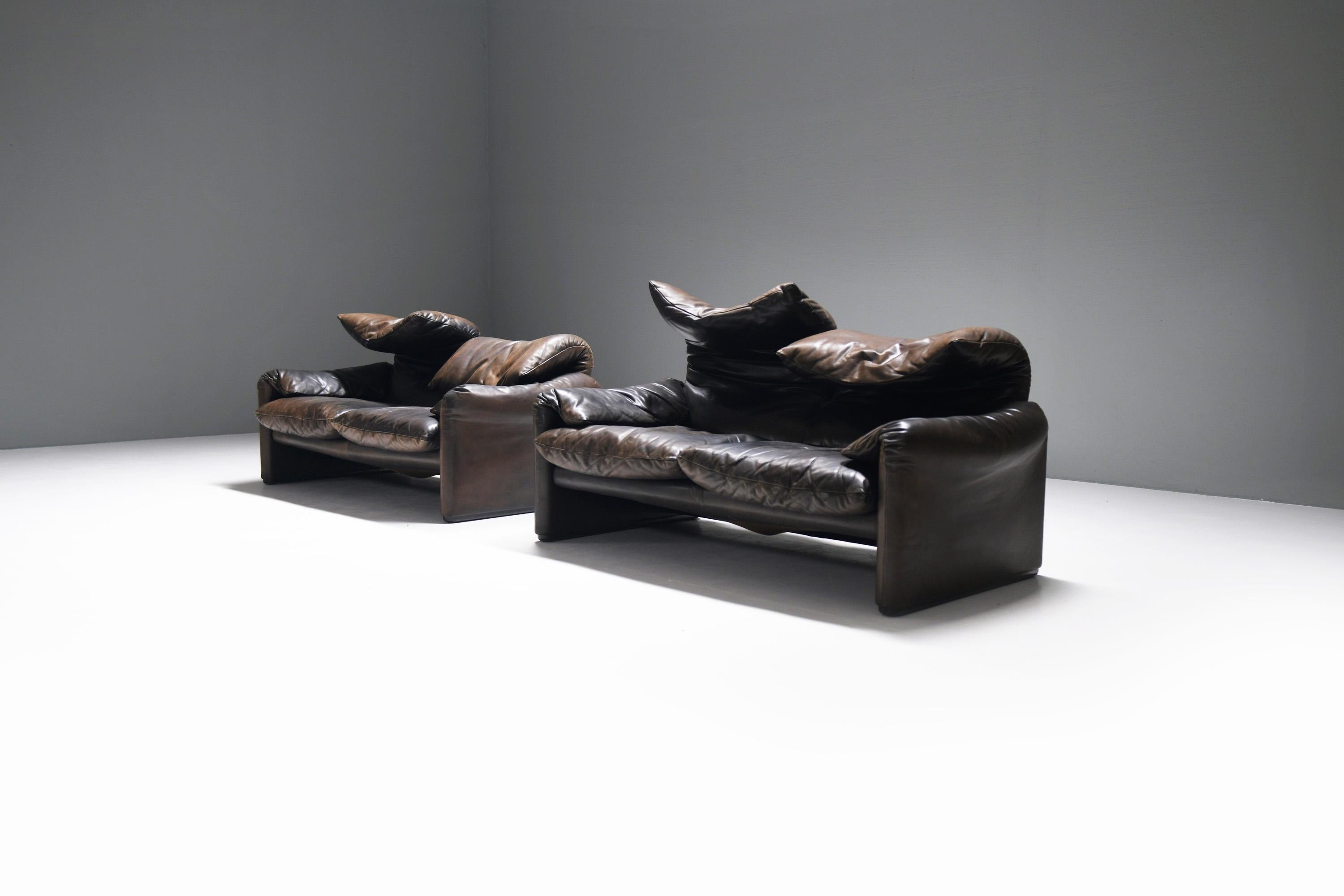 Nice matching set of rich patinated Maralunga sofa’s in their original leather.  
Designed by Vico Magistretti for CASSINA Italy in 1974.

An international best-seller with warm, inviting shapes, where the back extends upwards to form a head-rest.