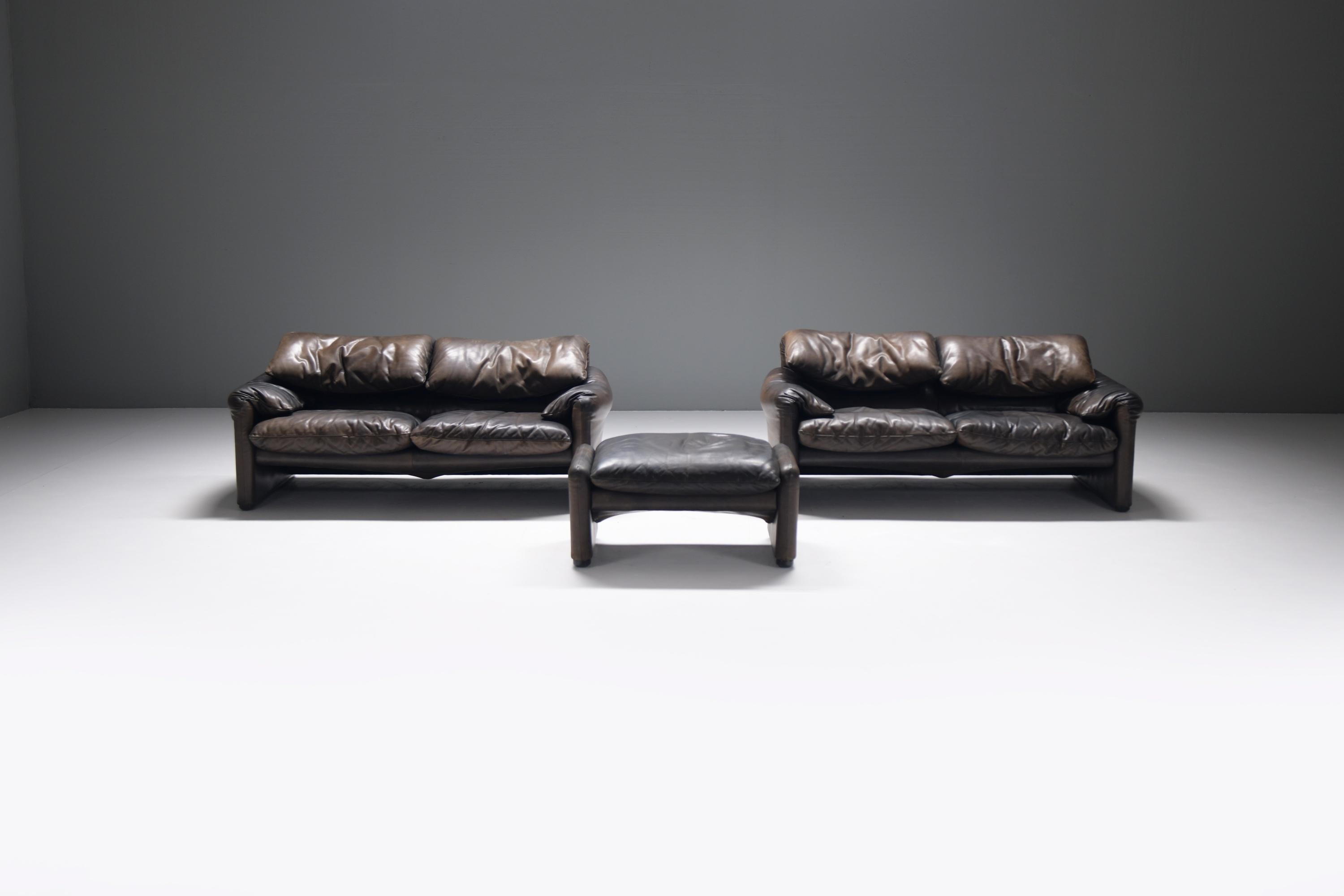 Leather Rich patinated Maralunga set by Vico Magistretti for Cassina Italy