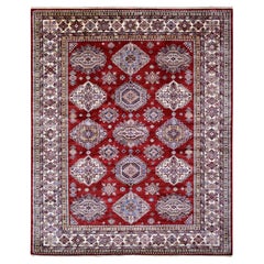 Tappeto orientale rosso afghano Super Kazak Ghazni in lana annodato a mano 8'4" x 9'9"