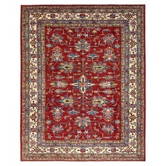 Alfombra oriental afgana Super Kazak de lana anudada a mano de color rojo intenso 8'3" x 10'2