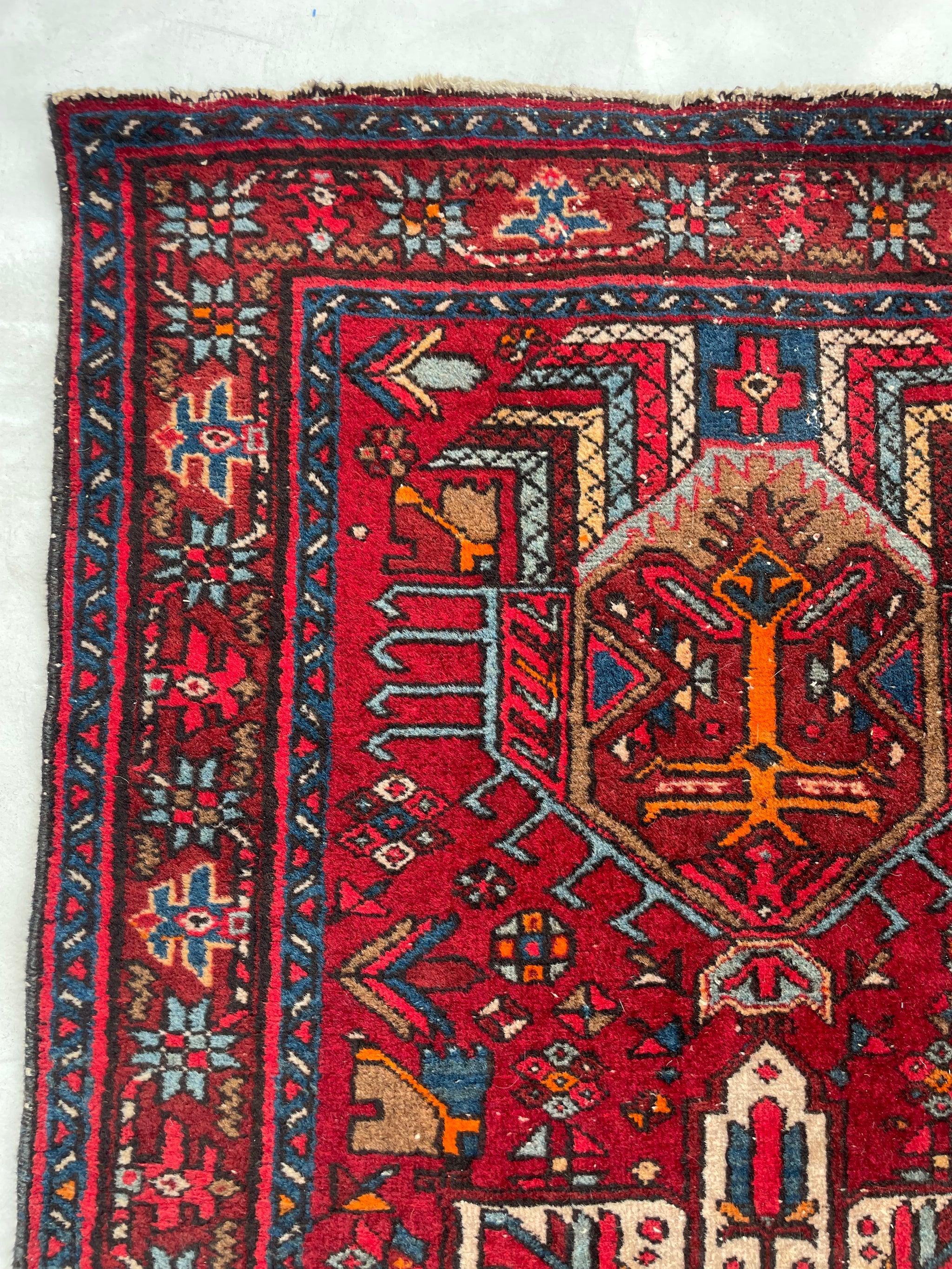 Rich Red Ground Vintage Persian Karaja Rug, circa 1950's In Good Condition For Sale In Milwaukee, WI