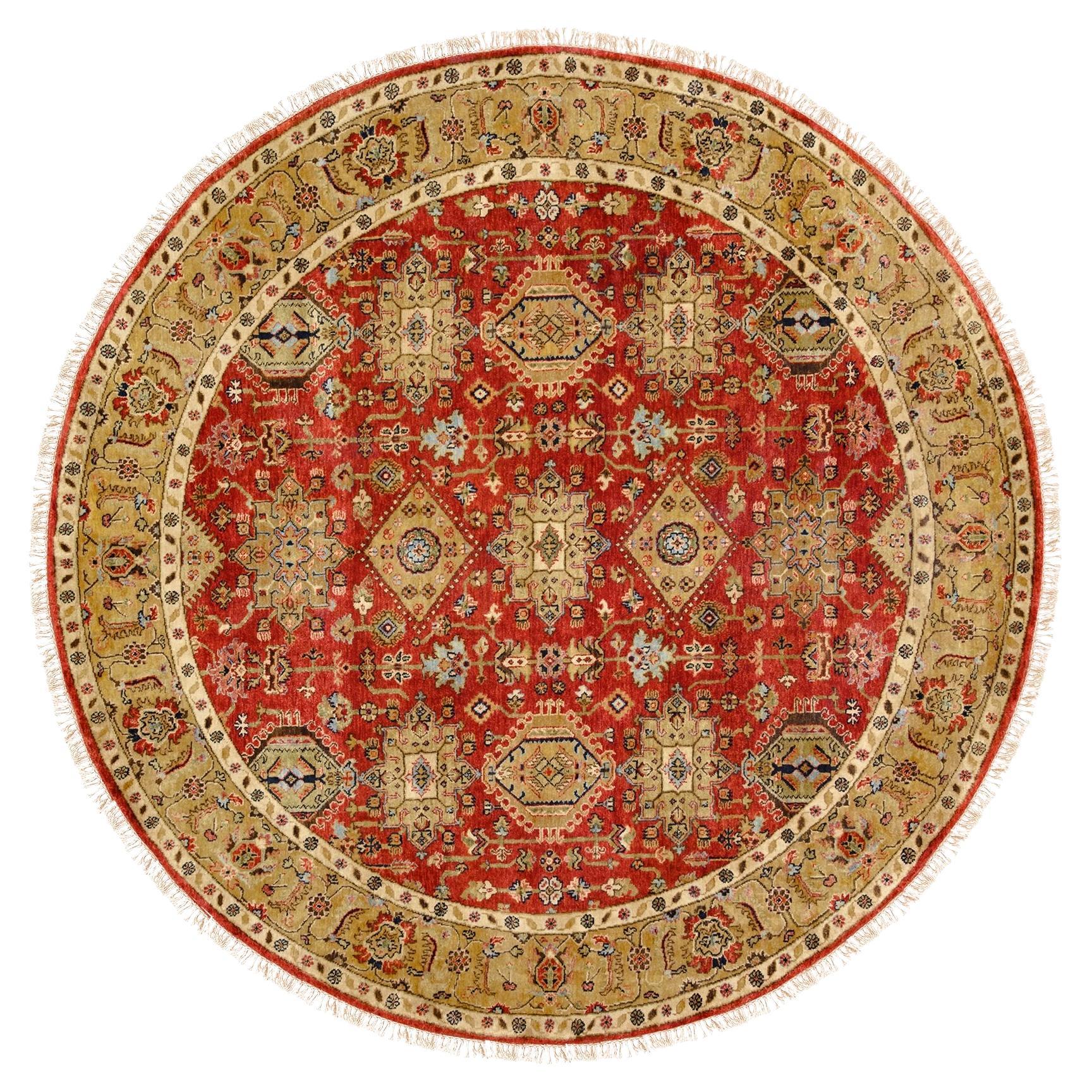 Rich Red Karajeh Design Handgeknüpfter orientalischer runder Teppich aus reiner Wolle 7'9" x 7'9"