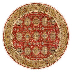 Rich Red Karajeh Design Hand Knotted Pure Wool Oriental Round Rug 7'9" x 7'9"