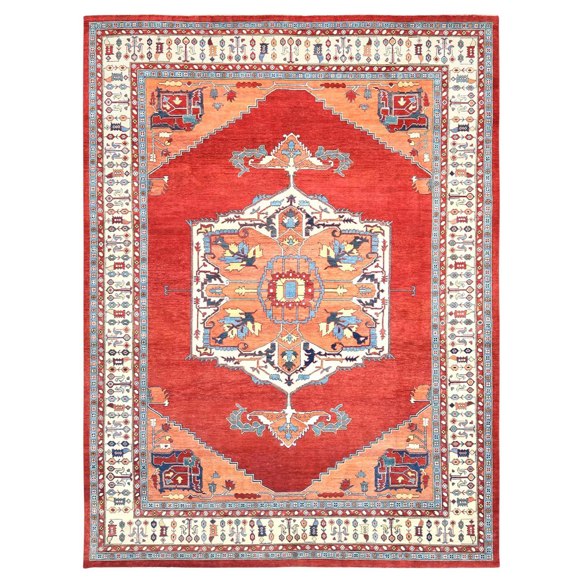Rich Red Serapi Heriz Design Soft Wool Hand Knotted Oriental Rug 9'0" x 11'10"