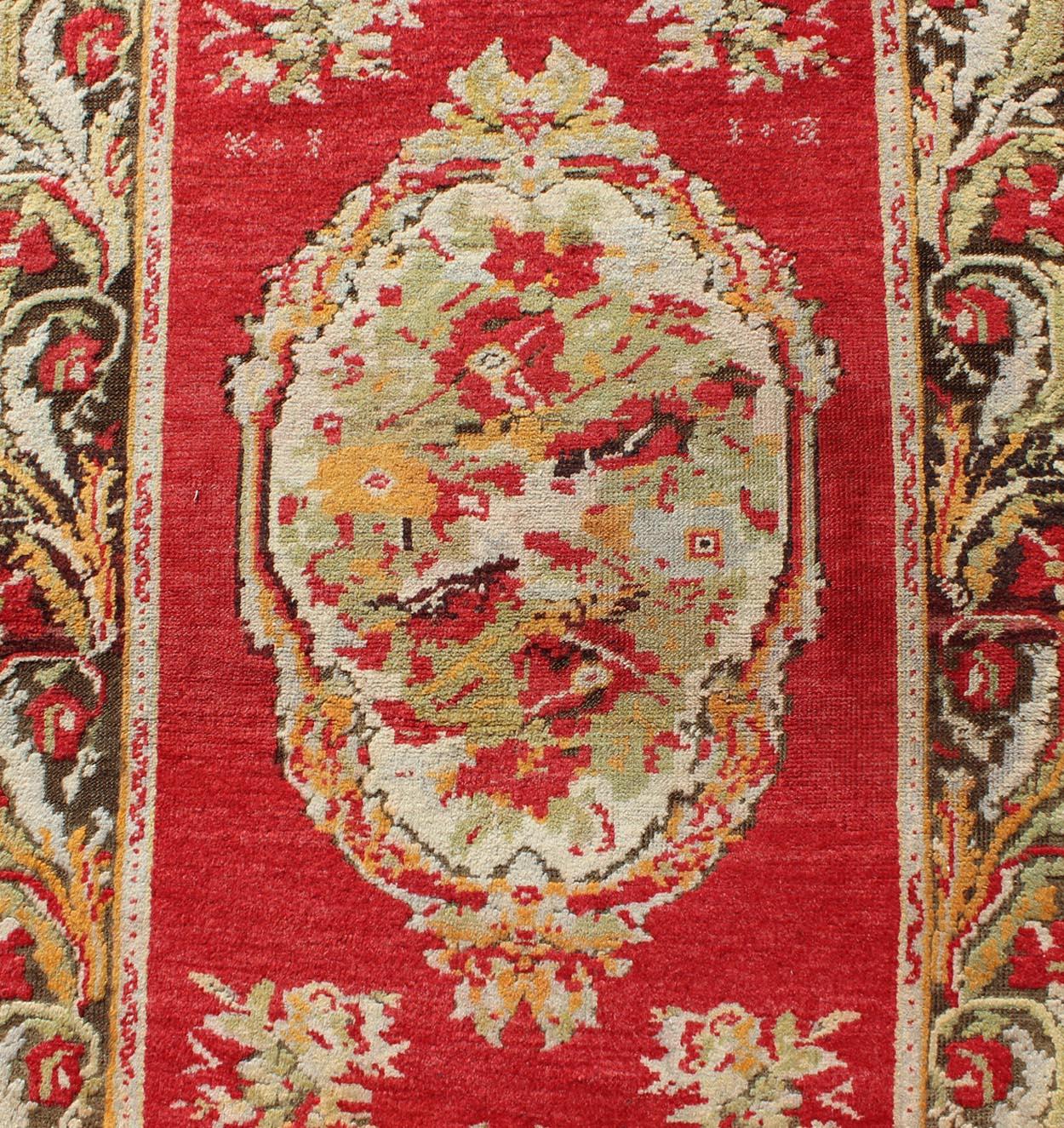Wool Antique Turkish Oushak Runner with Karabagh Design & Ornate Floral Medallions For Sale