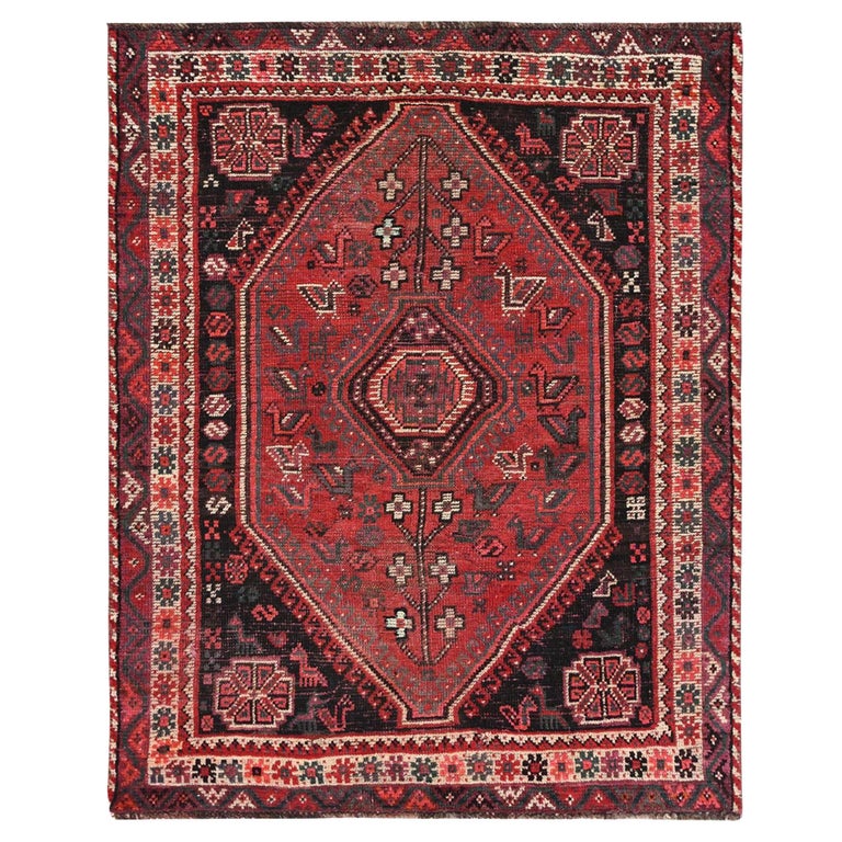 Rich Red Worn Wool Hand Knotted Bohemian Vintage Persian Shiraz Sheared ...