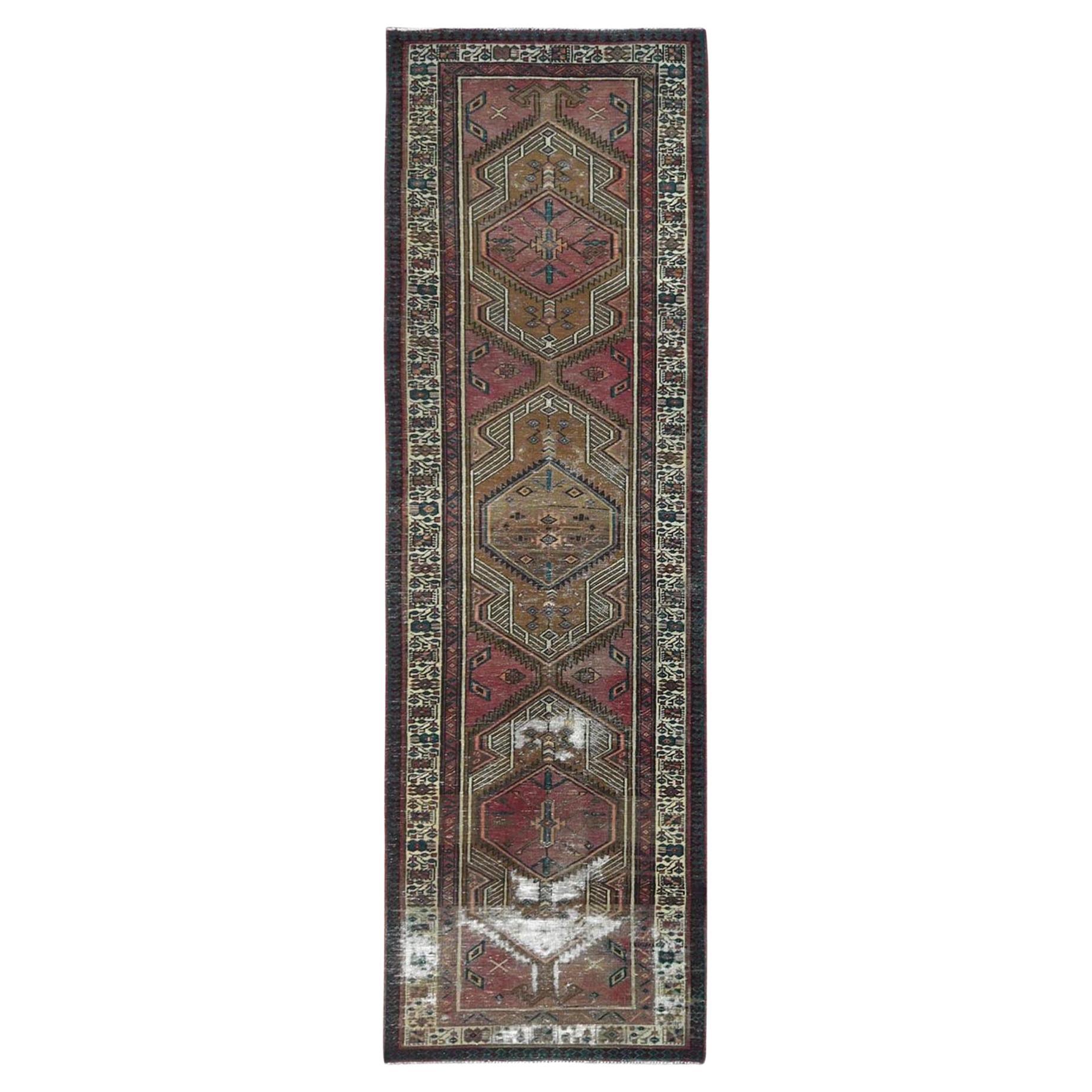 Rich Red, Worn Wool Hand Knotted, Vintage Persian Serab Distressed Look Rug  For Sale