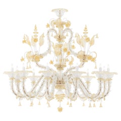Lampadario Rich Rezzonico a 12 braccia in vetro di Murano trasparente e oro di Multiforme